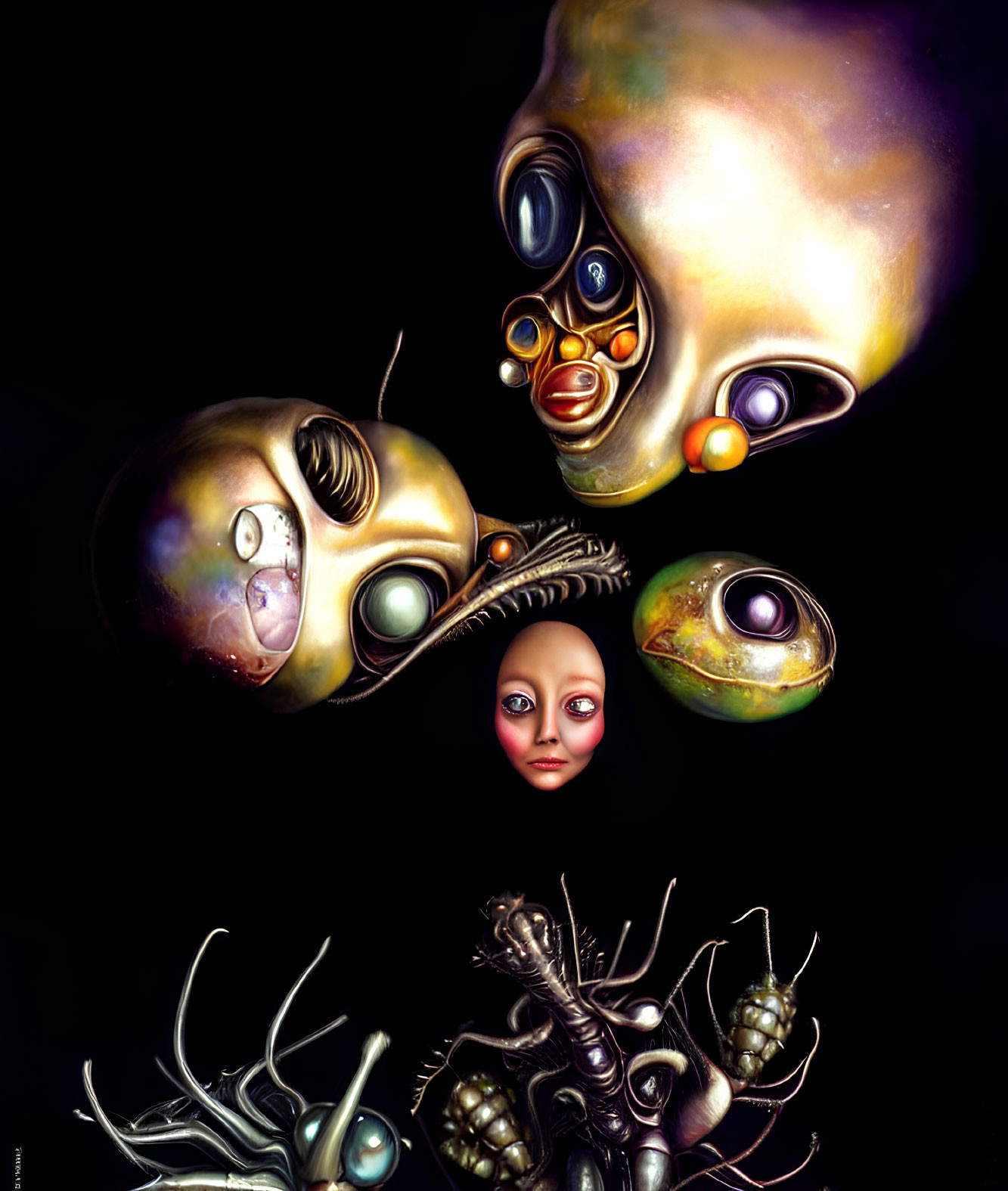 Abstract surreal artwork: colorful heads with multiple eyes and mechanical elements on dark background