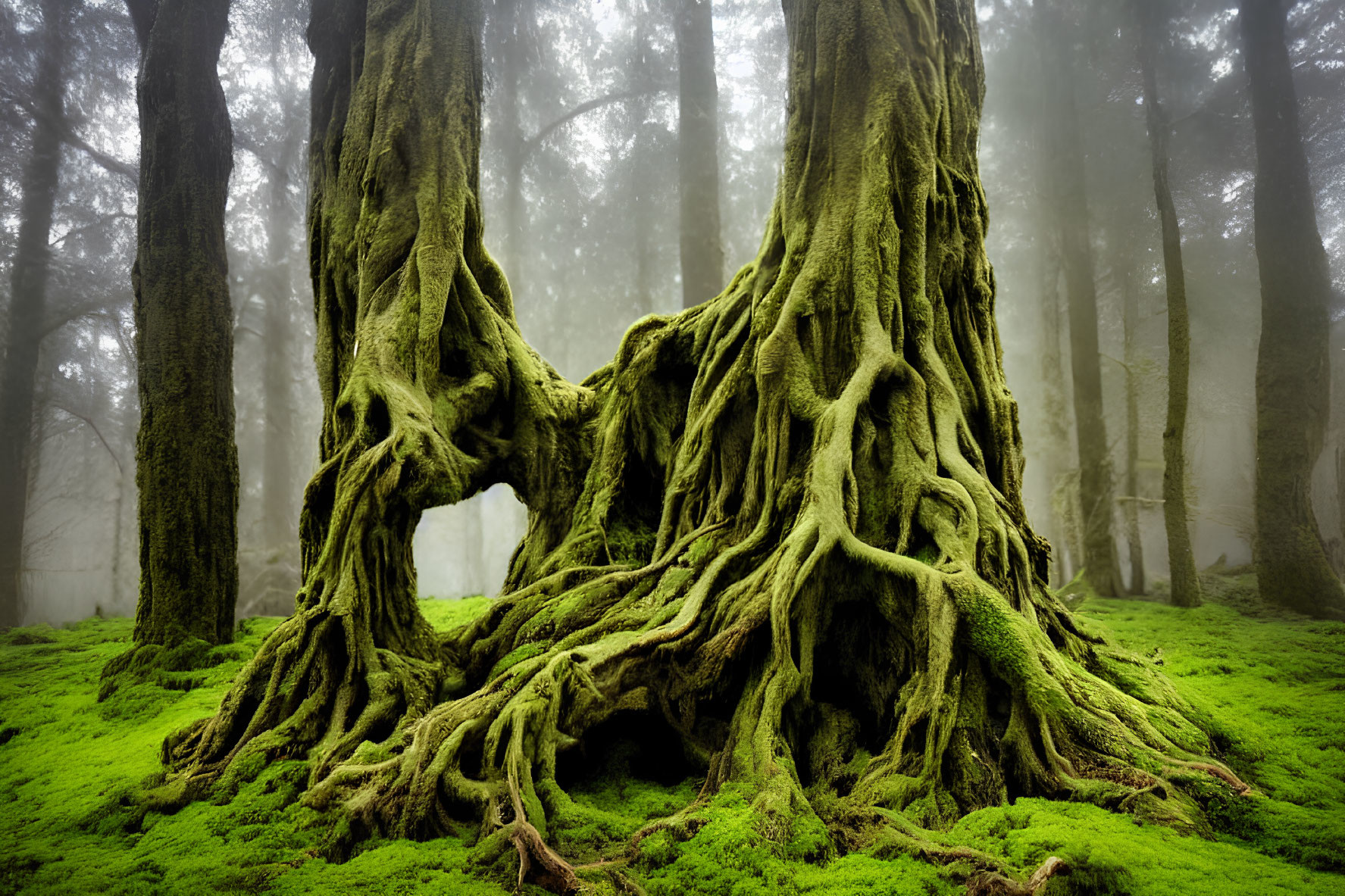 Ancient tree with gnarled roots in misty forest, moss-covered