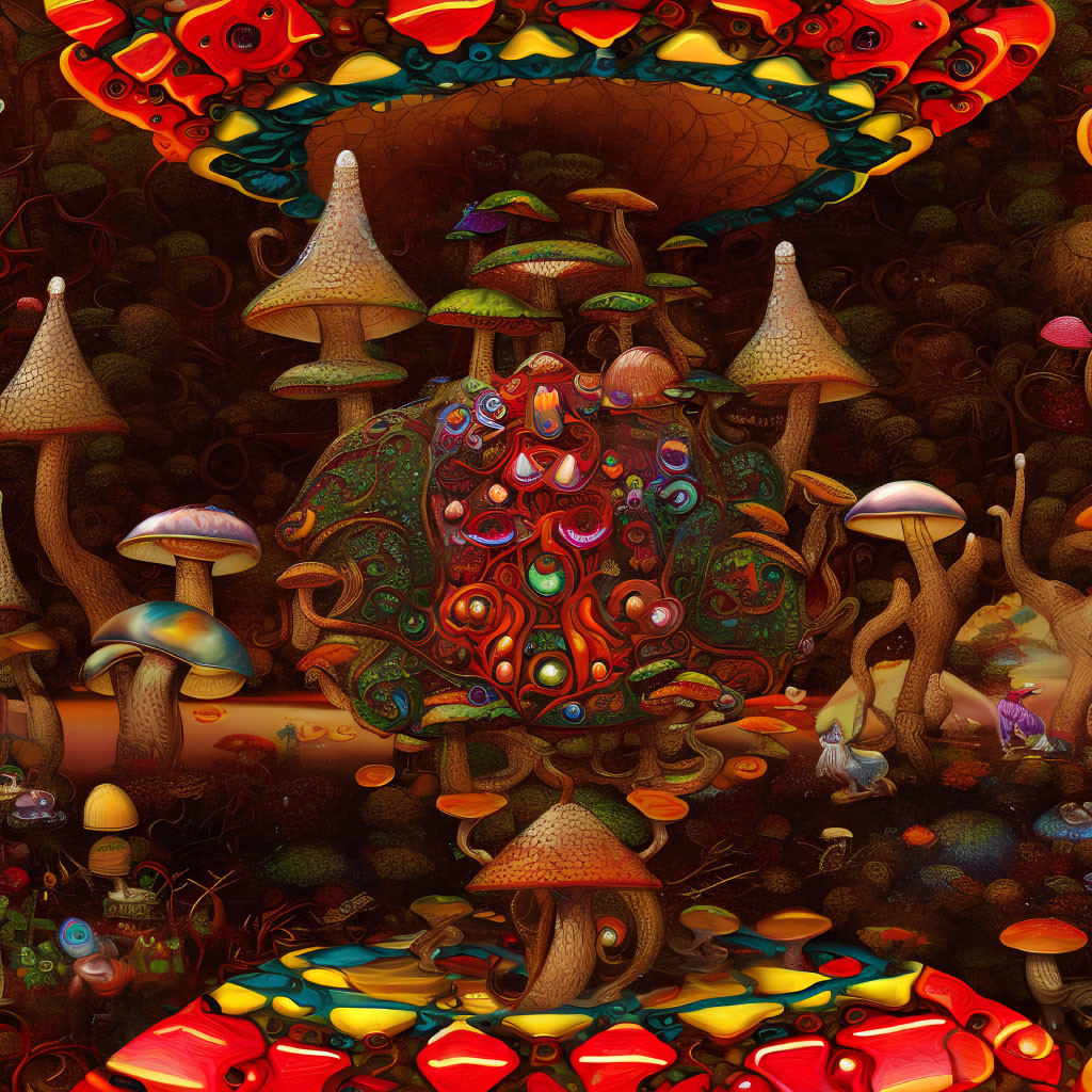 Colorful psychedelic mushrooms and ornate patterns in whimsical setting