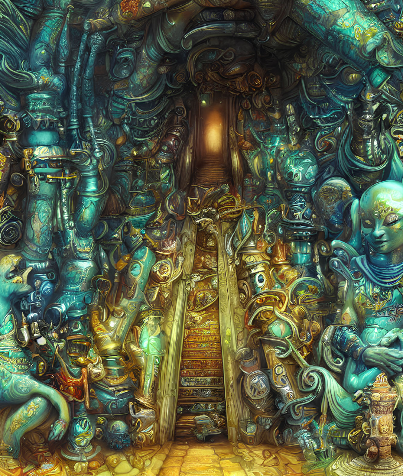 Intricate fantasy artwork: Ornate room with genie-like figure