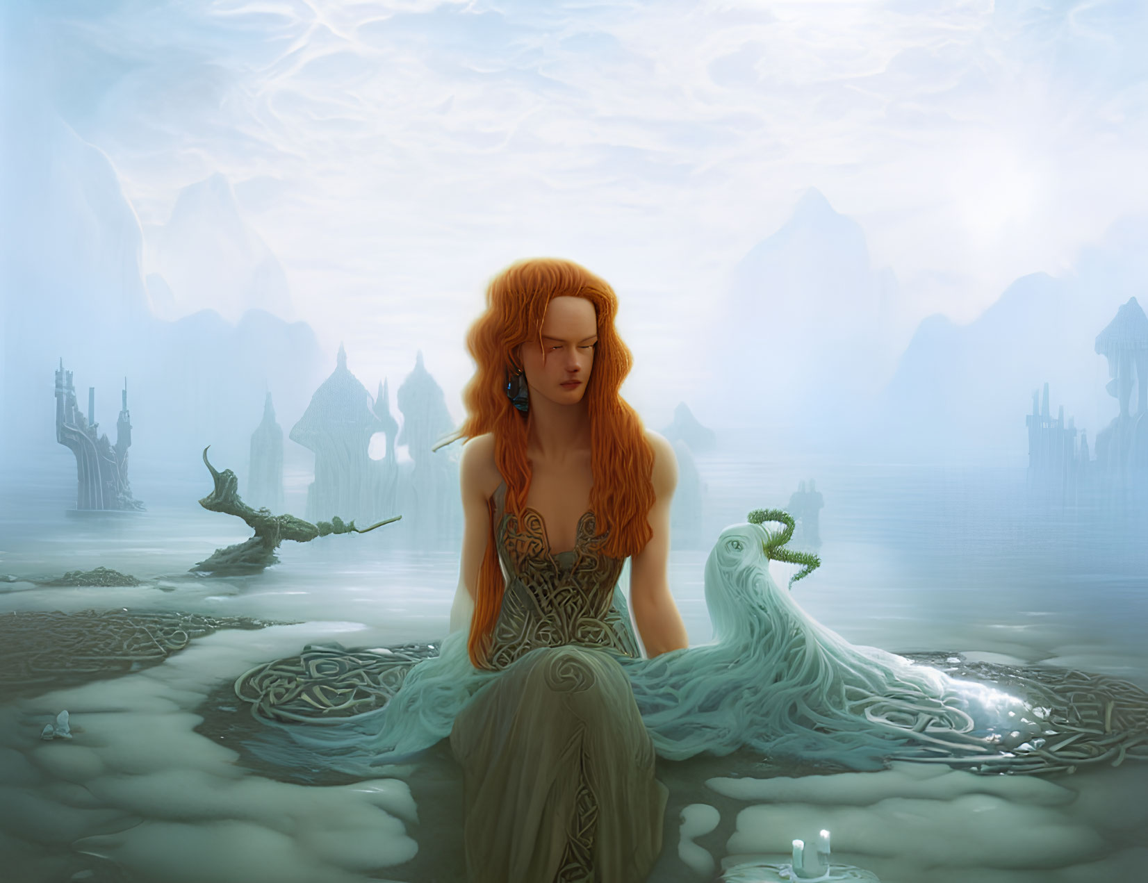 Redheaded Woman in Green Dress with Dragon in Misty Mountain Landscape