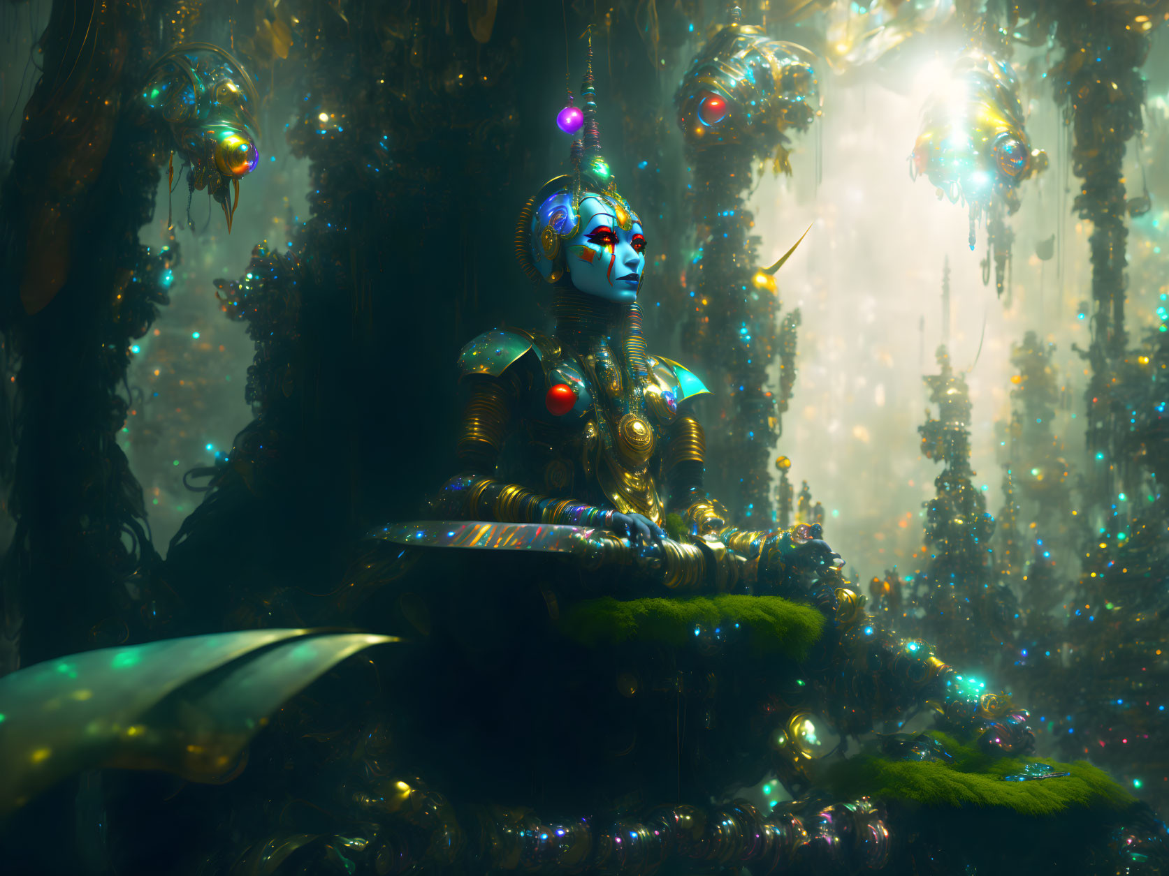 Blue-skinned figure in golden armor in glowing forest setting.