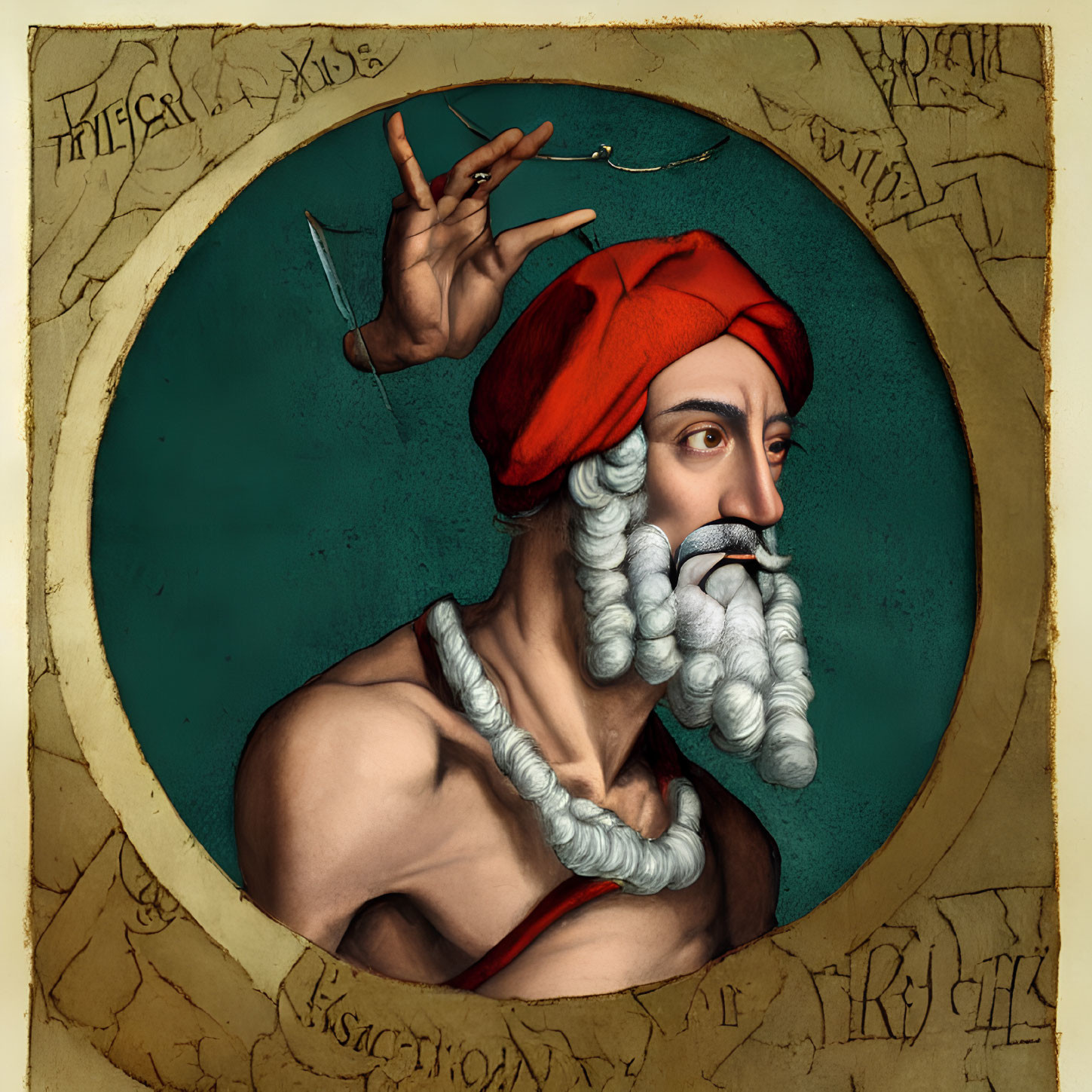 Stylized portrait of bearded figure in red turban with ornate circular frame.