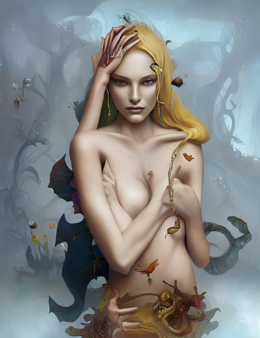 Fair-haired woman with aquatic elements in surreal portrait