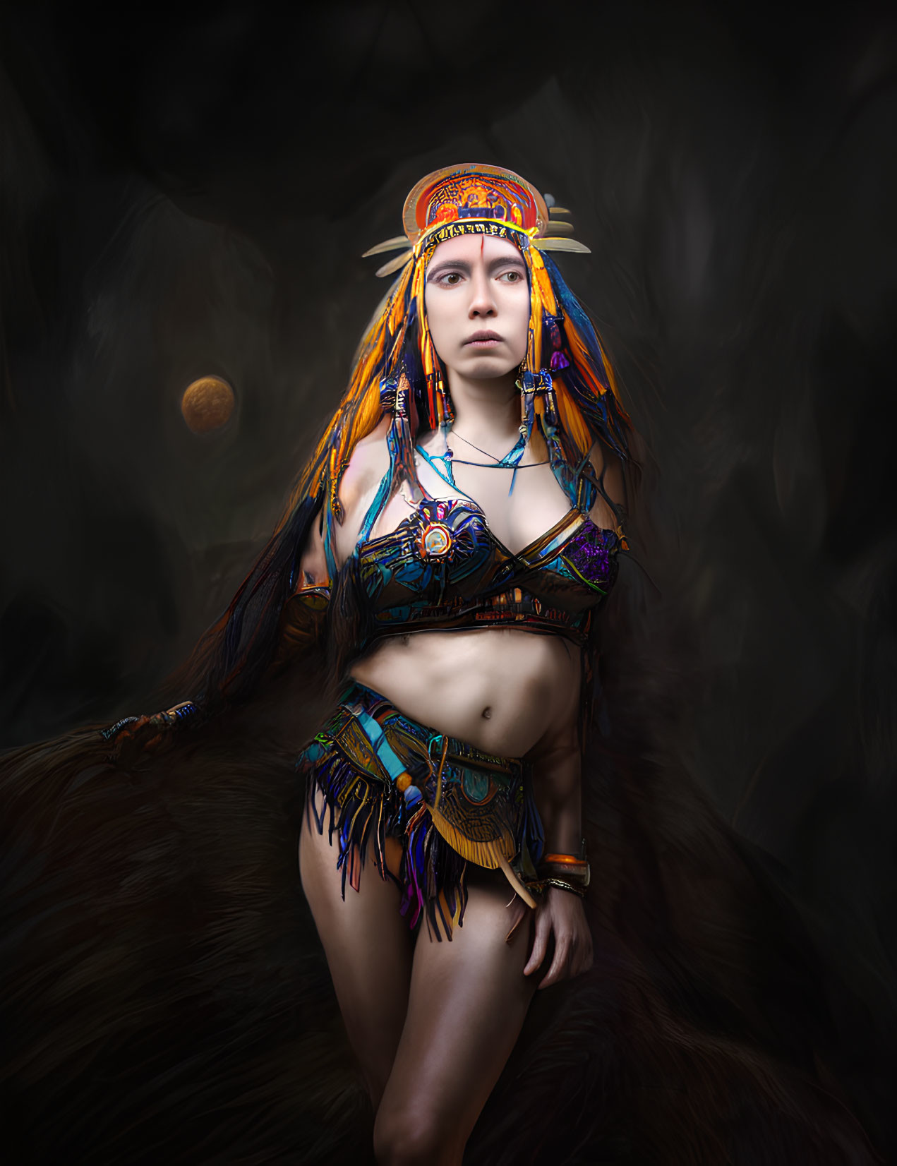 Elaborate tribal attire with beaded headgear and feathered accessories against misty backdrop