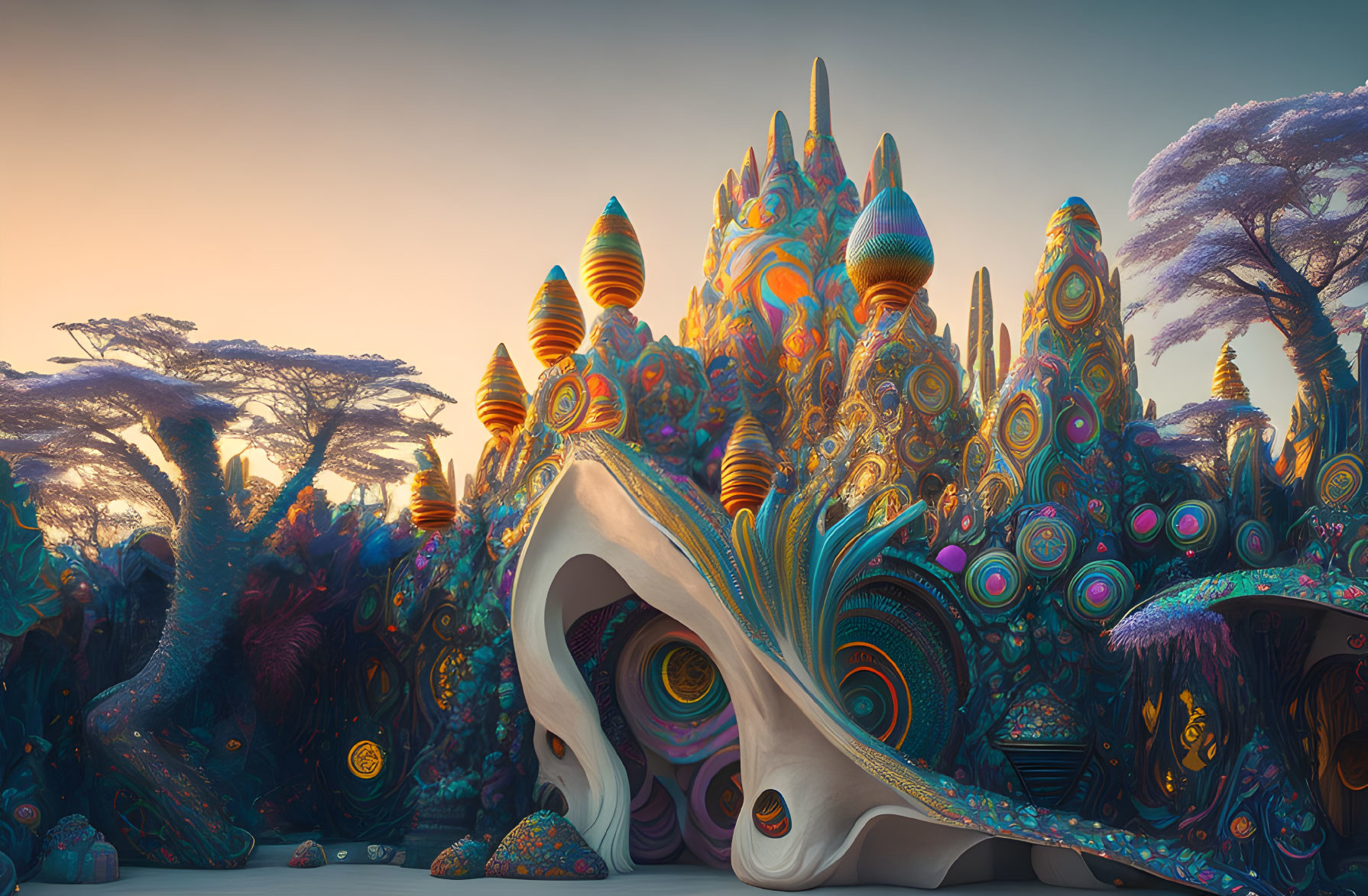 Vivid Psychedelic Landscape with Alien-like Structures at Twilight