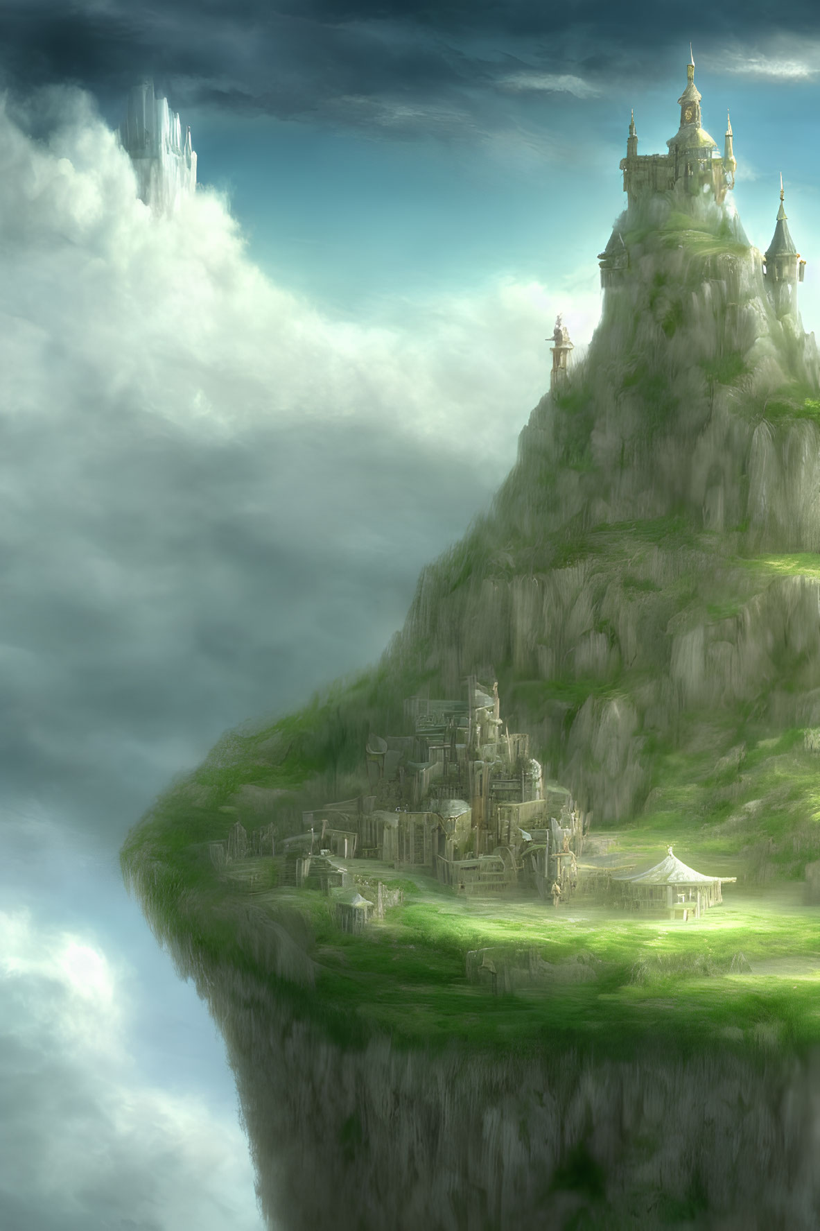 Mystical cliff-top city with illuminated castle and ethereal light