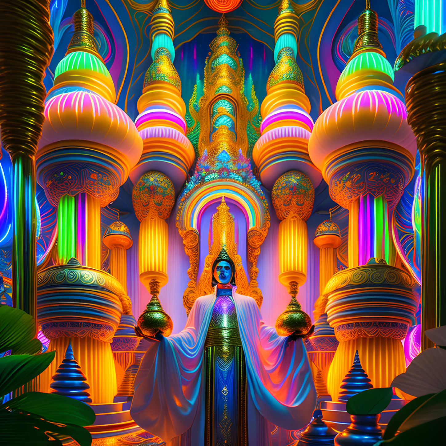 Fantastical digital artwork: Central figure in blue cloak, surrounded by ornate, glowing pillars and