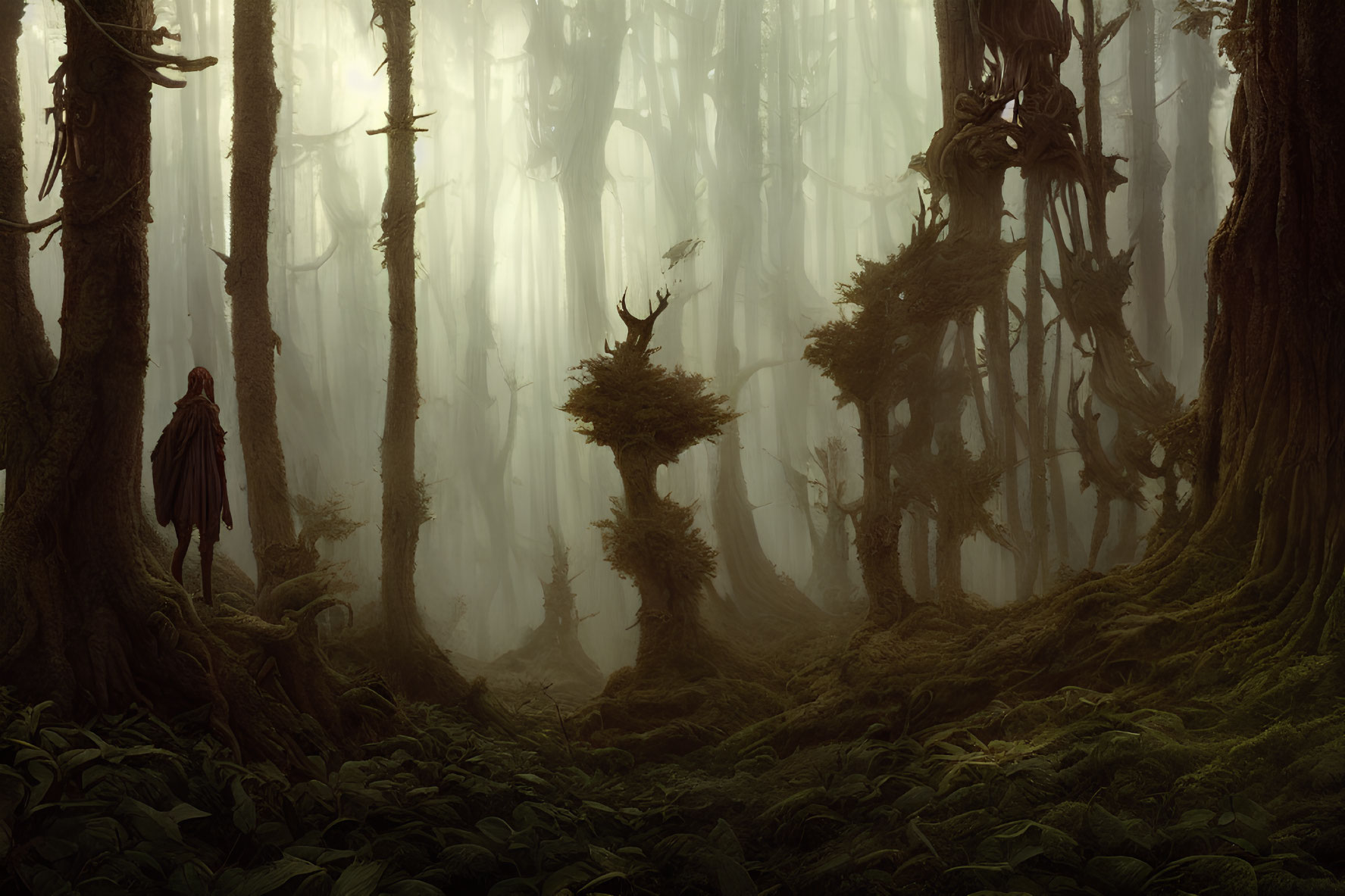 Mystical forest scene with cloaked figure among towering trees