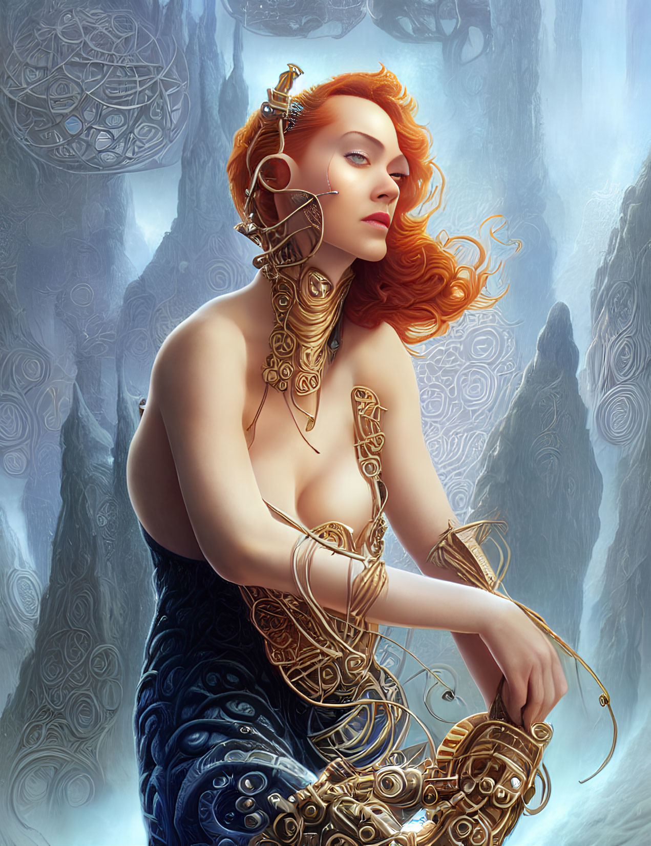 Ethereal woman adorned with golden jewelry and tattoos in mystical setting