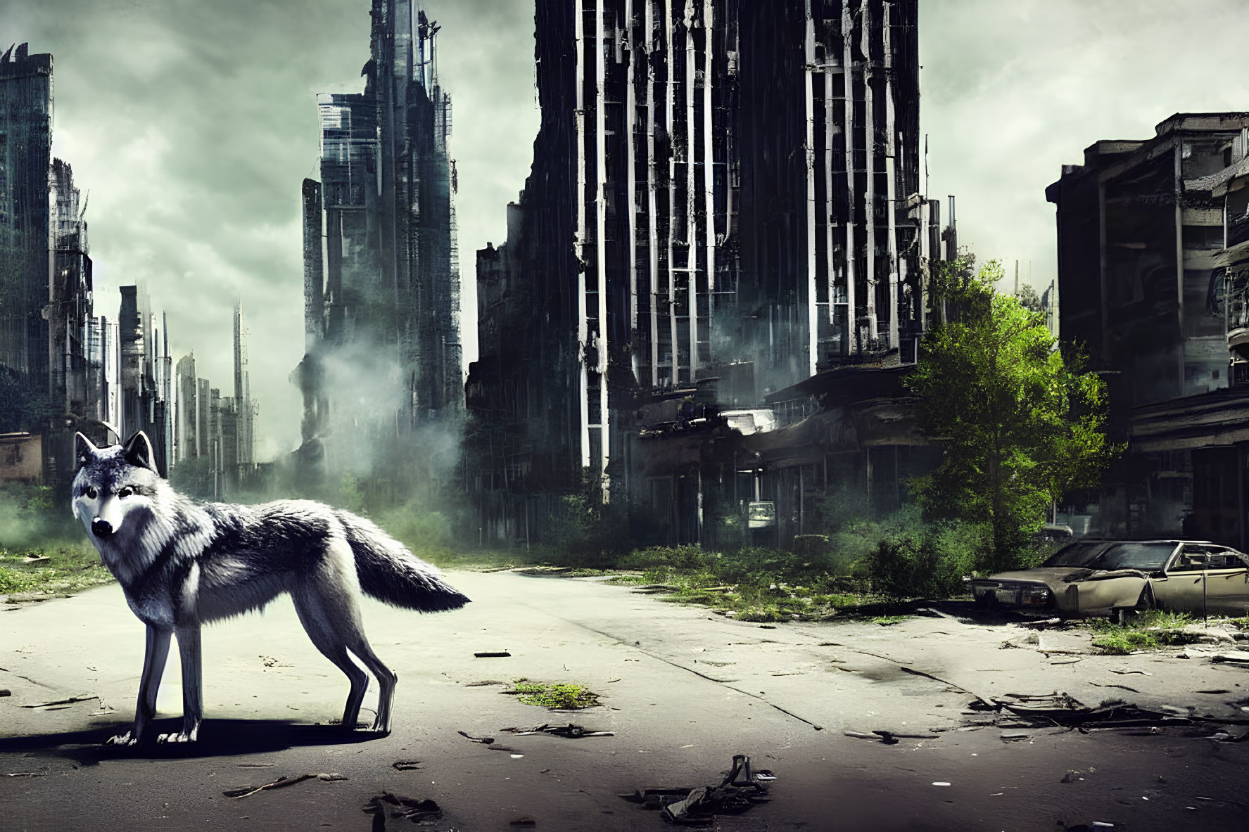 Desolate post-apocalyptic cityscape with lone wolf among ruins