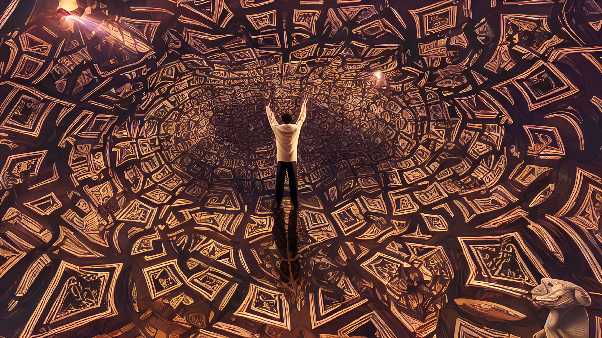 Figure in surreal vortex surrounded by floating books and sculptures.