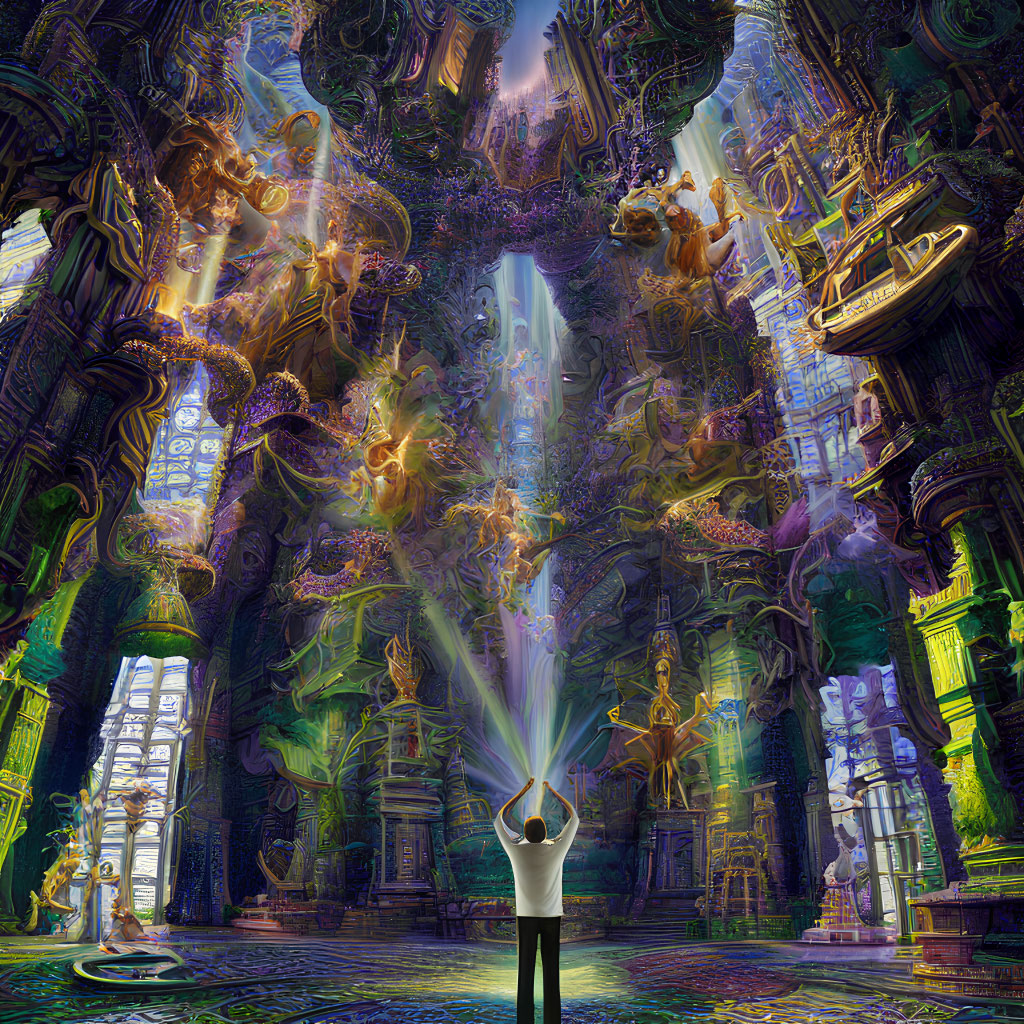 Colorful indoor fantasy scene with central figure and ethereal beings in detailed architecture.