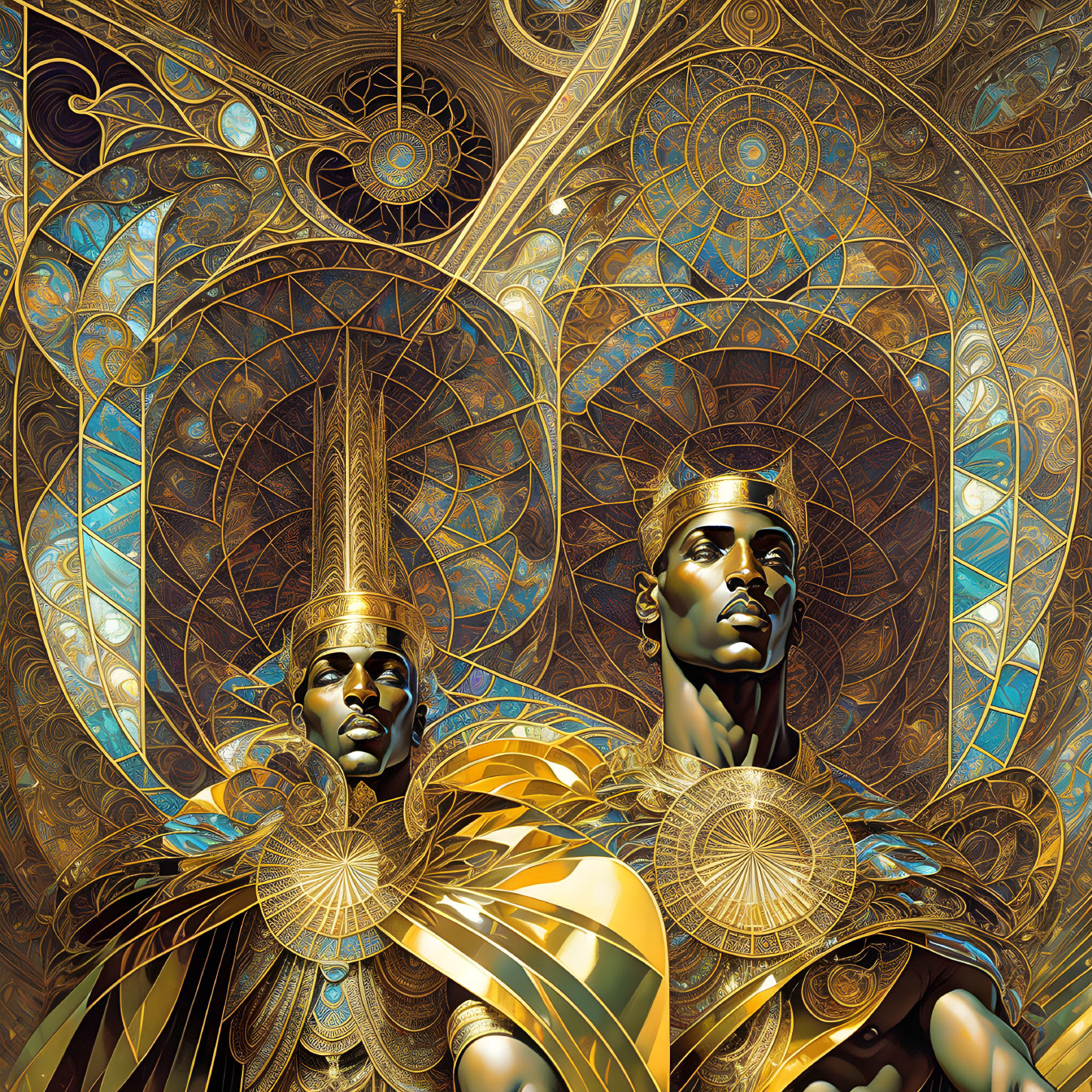 Regal figures in gold with intricate patterns on abstract background