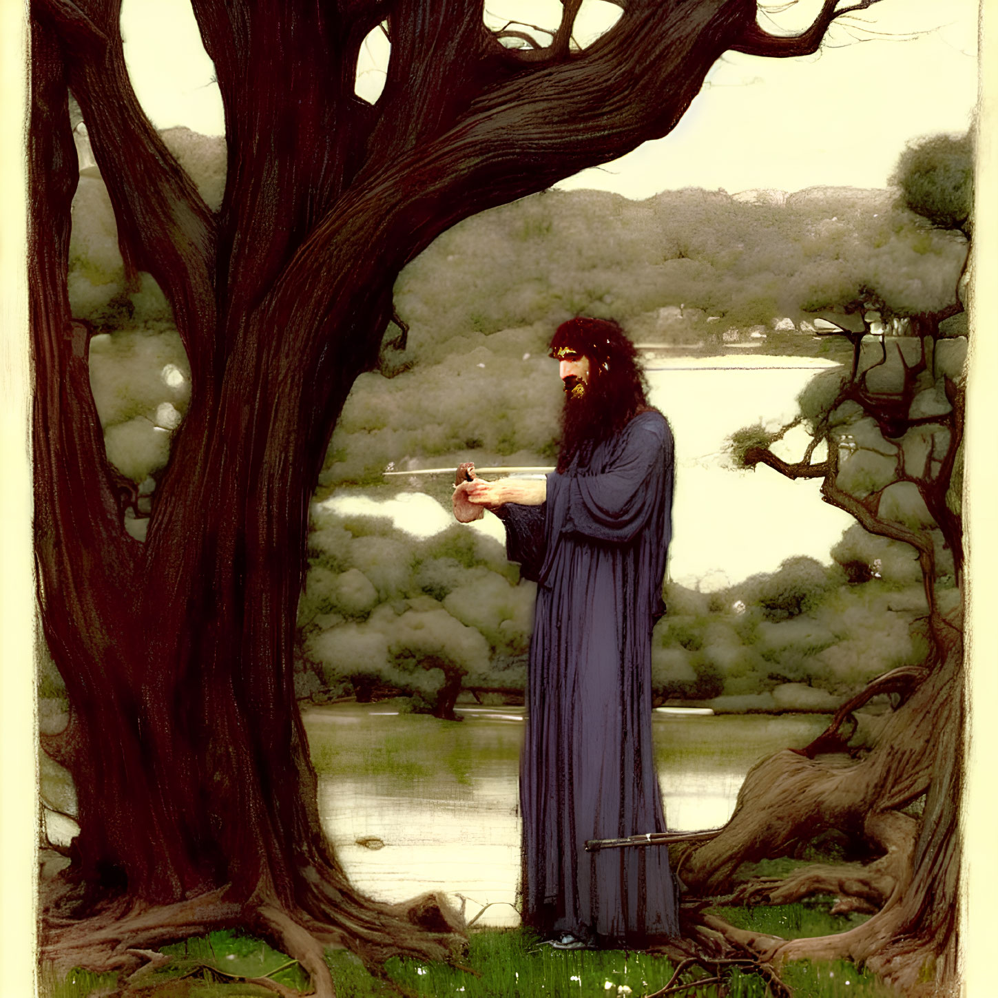 Bearded figure in blue robe wields sword by serene lake in forest clearing