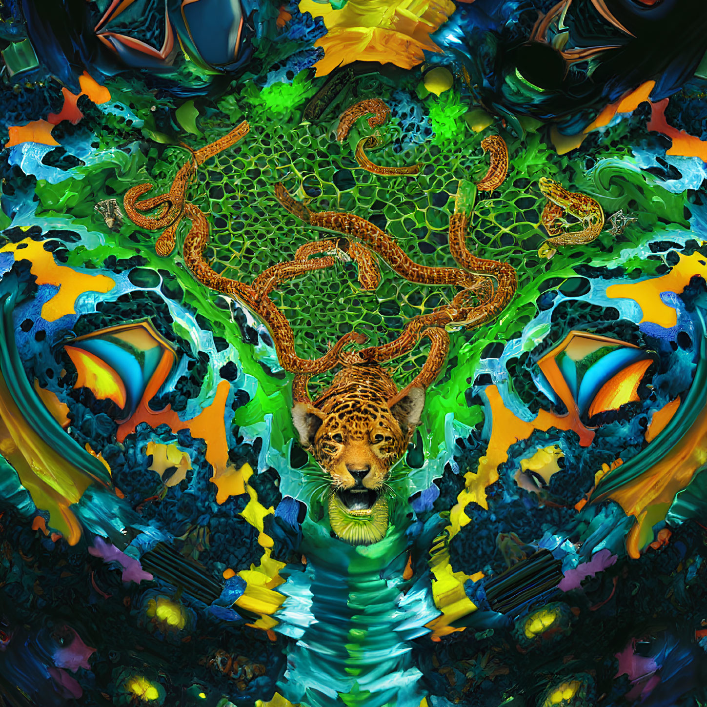 Colorful Jaguar in Psychedelic Jungle