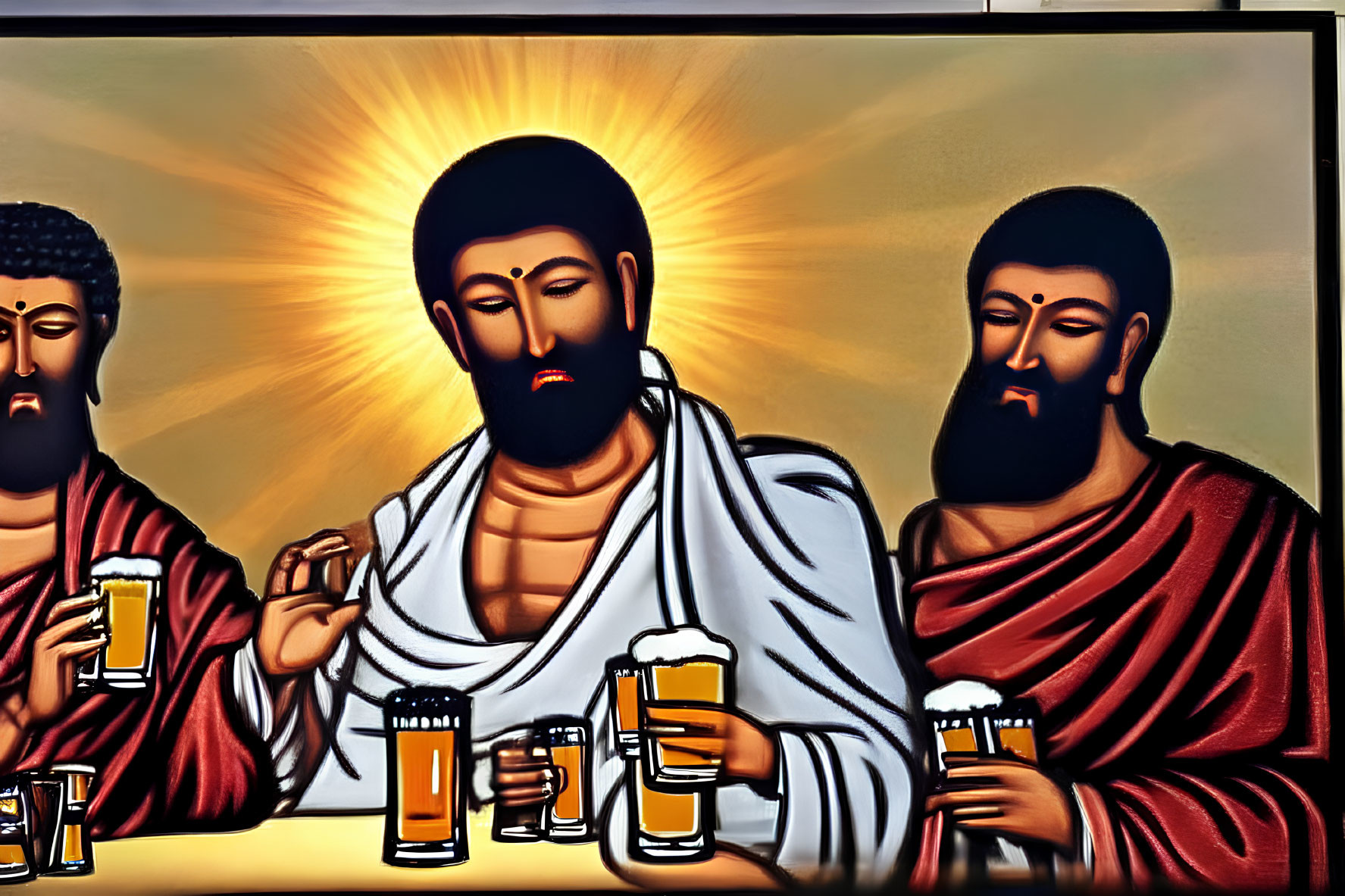 Three Bearded Figures in Traditional Robes Holding Beer Mugs with Radiant Halo