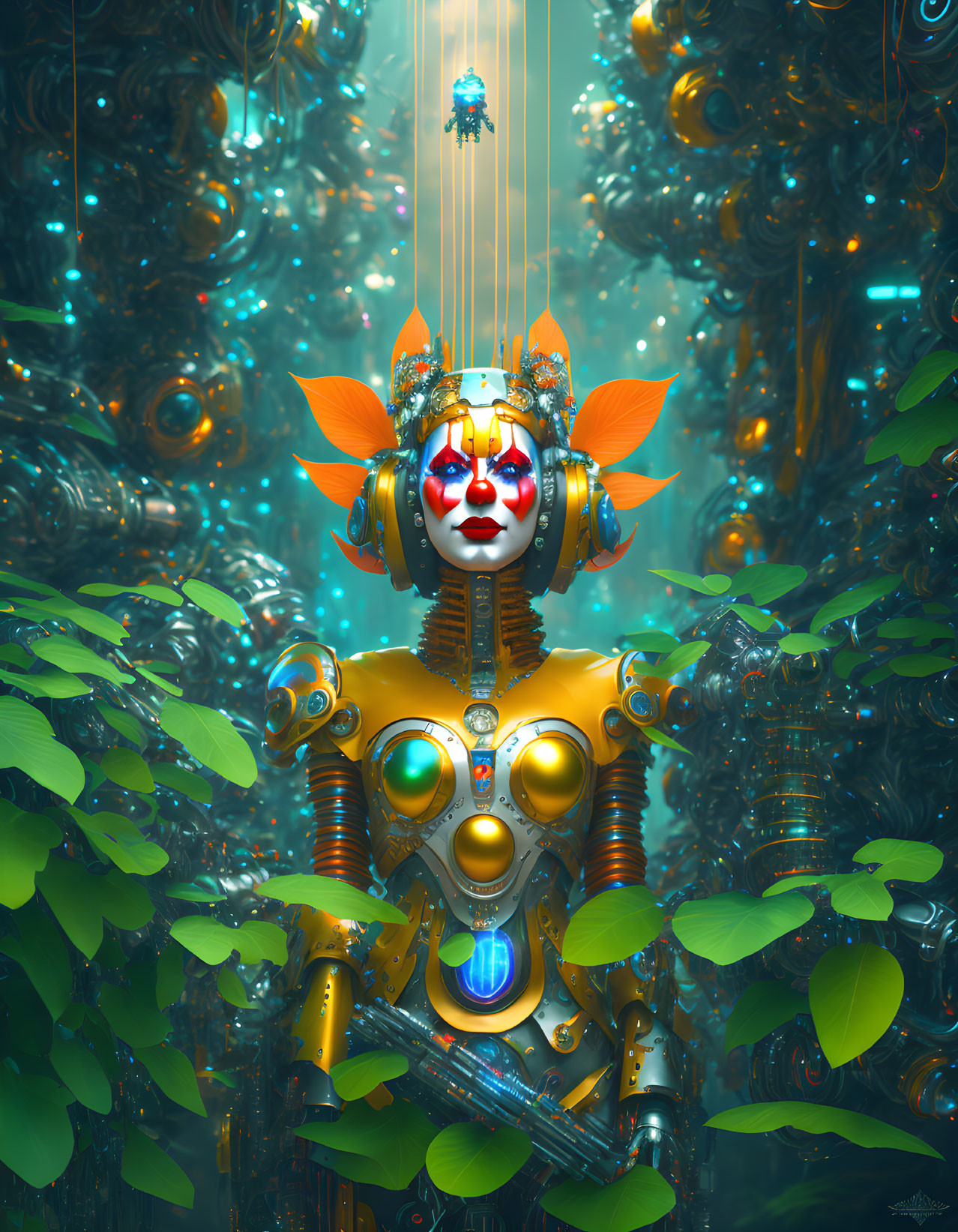 Intricate Golden and Orange Headgear on Robot in Lush Green Foliage