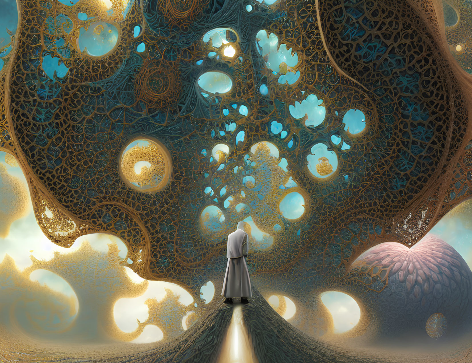 Person on narrow path gazes at surreal canopy with floating orbs and coiled creature under golden sky