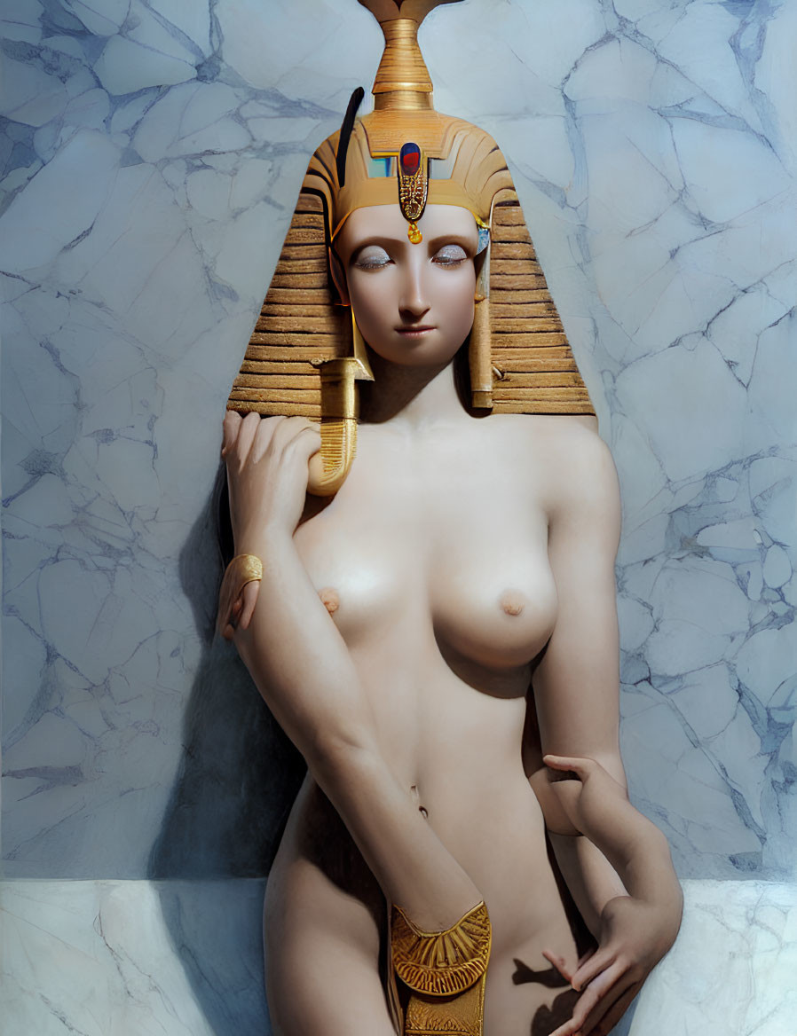 Sculpture of topless female figure with Egyptian pharaoh head on marble background