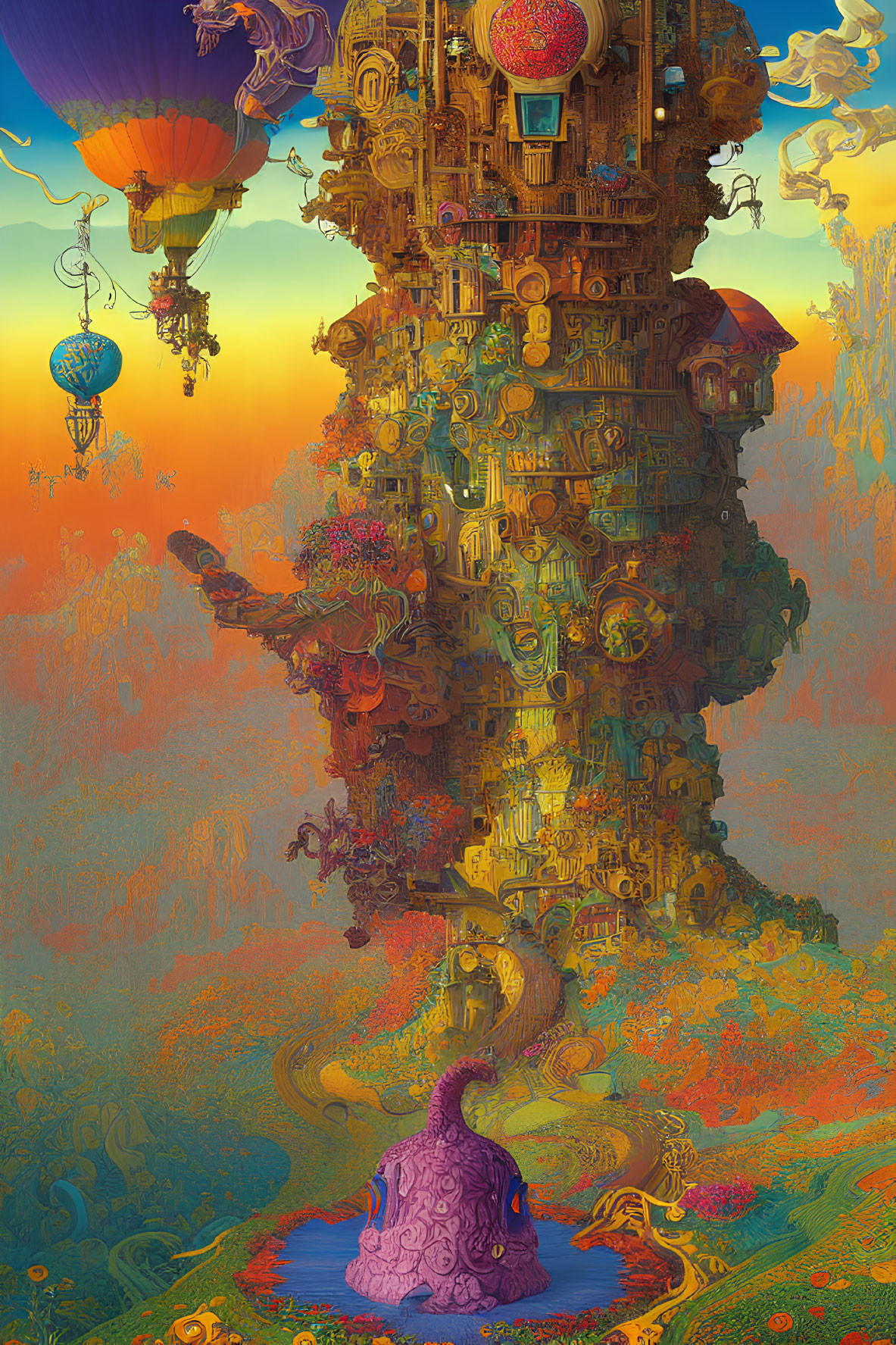 Fantastical tower surrounded by hot air balloons and colorful flora