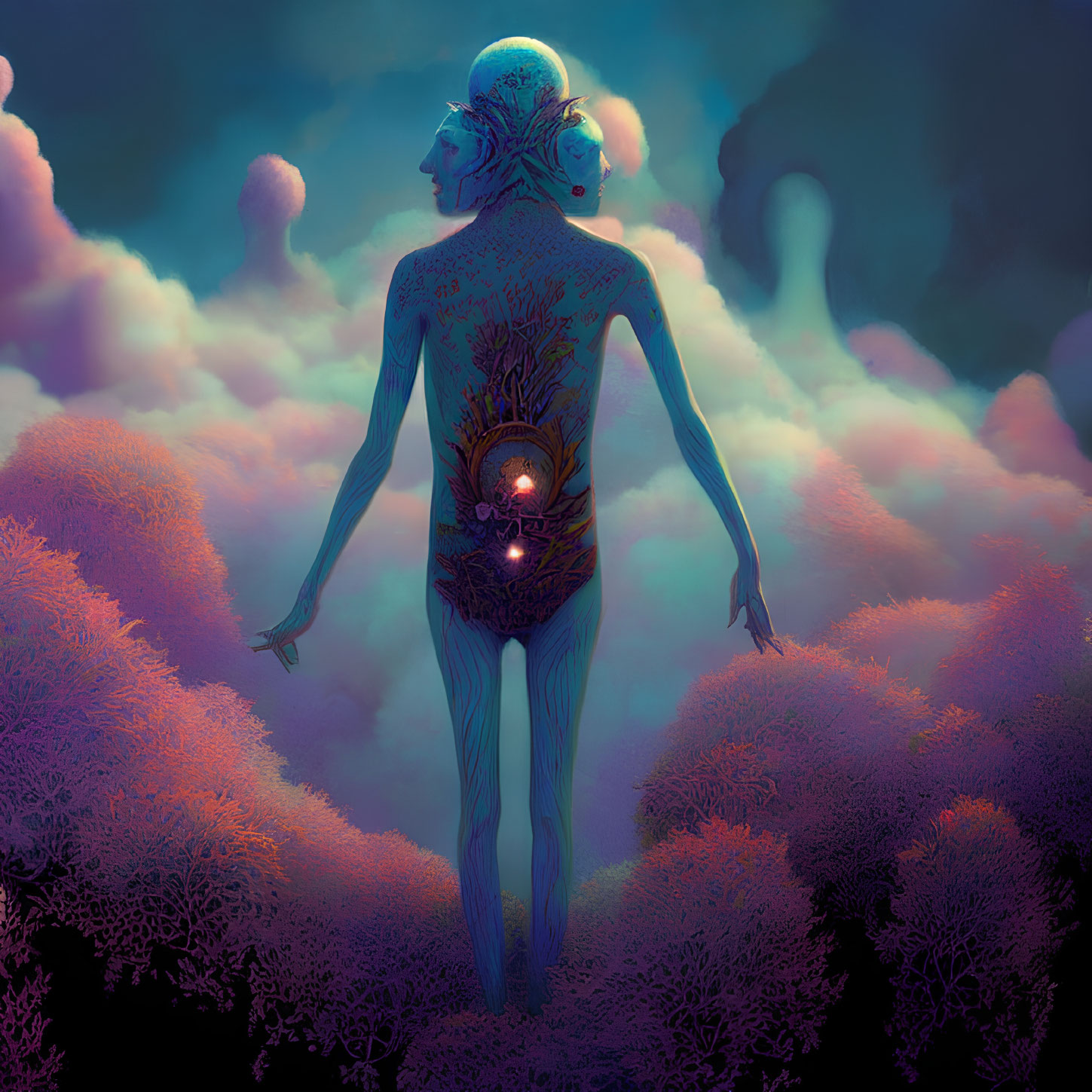 Surreal human-like figure with open back in cosmic scene amidst purple foliage and floating figures