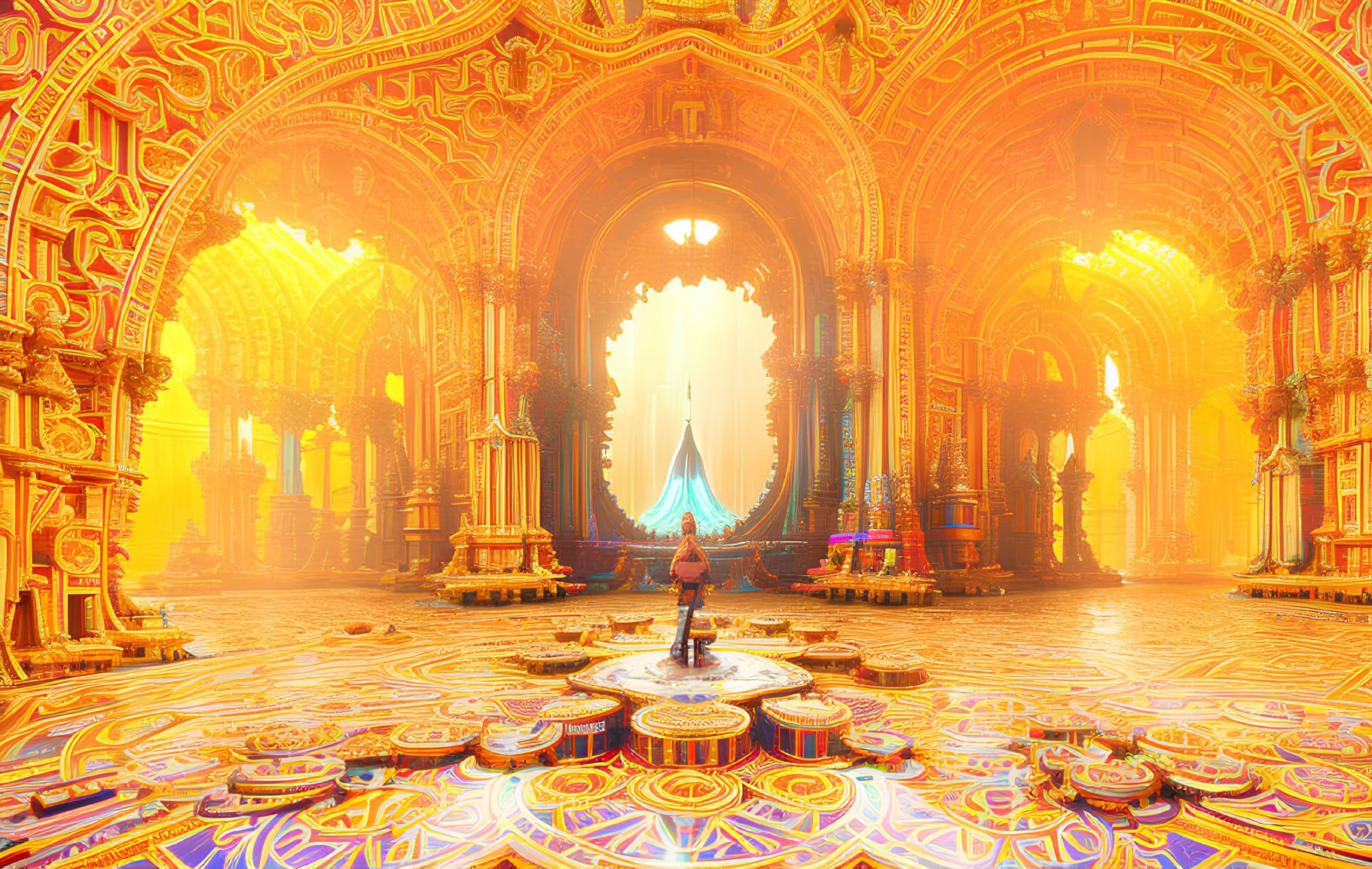 Person in Golden Sunlit Hall with Towering Arches