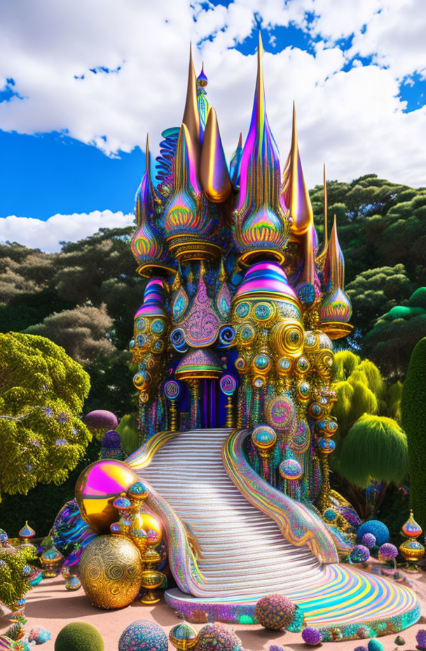 Fantastical digitally-created palace with iridescent spires and colorful landscaping