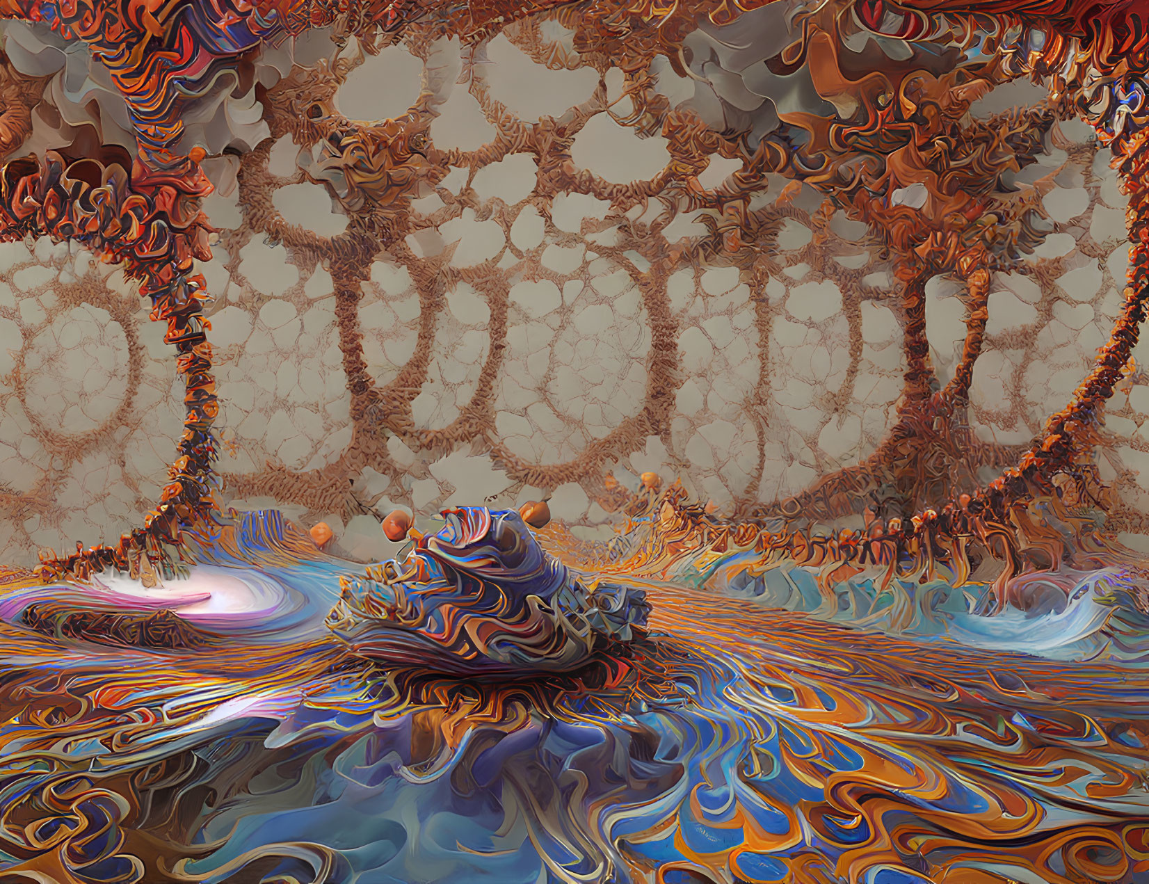 Vibrant Surreal Fractal Landscape with Swirling Patterns