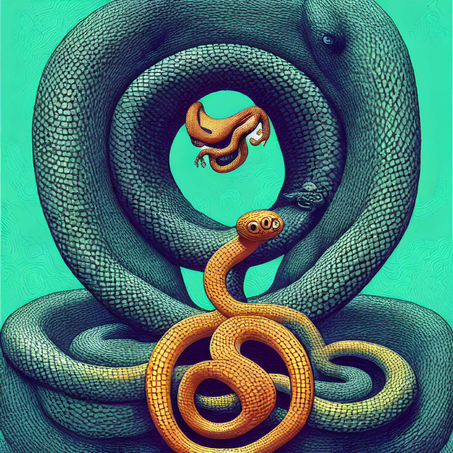 Stylized snakes intertwined in infinity loop on teal background