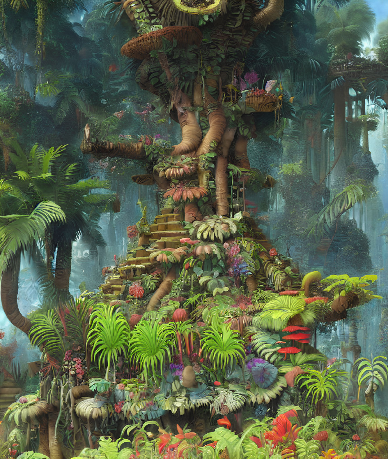 Lush Jungle with Mystical Treehouse and Wooden Walkways