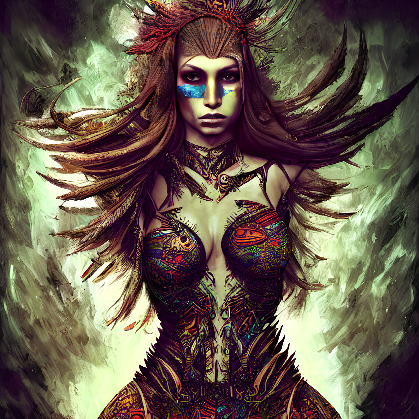 Fantastical image of woman with tribal makeup and feathered headgear