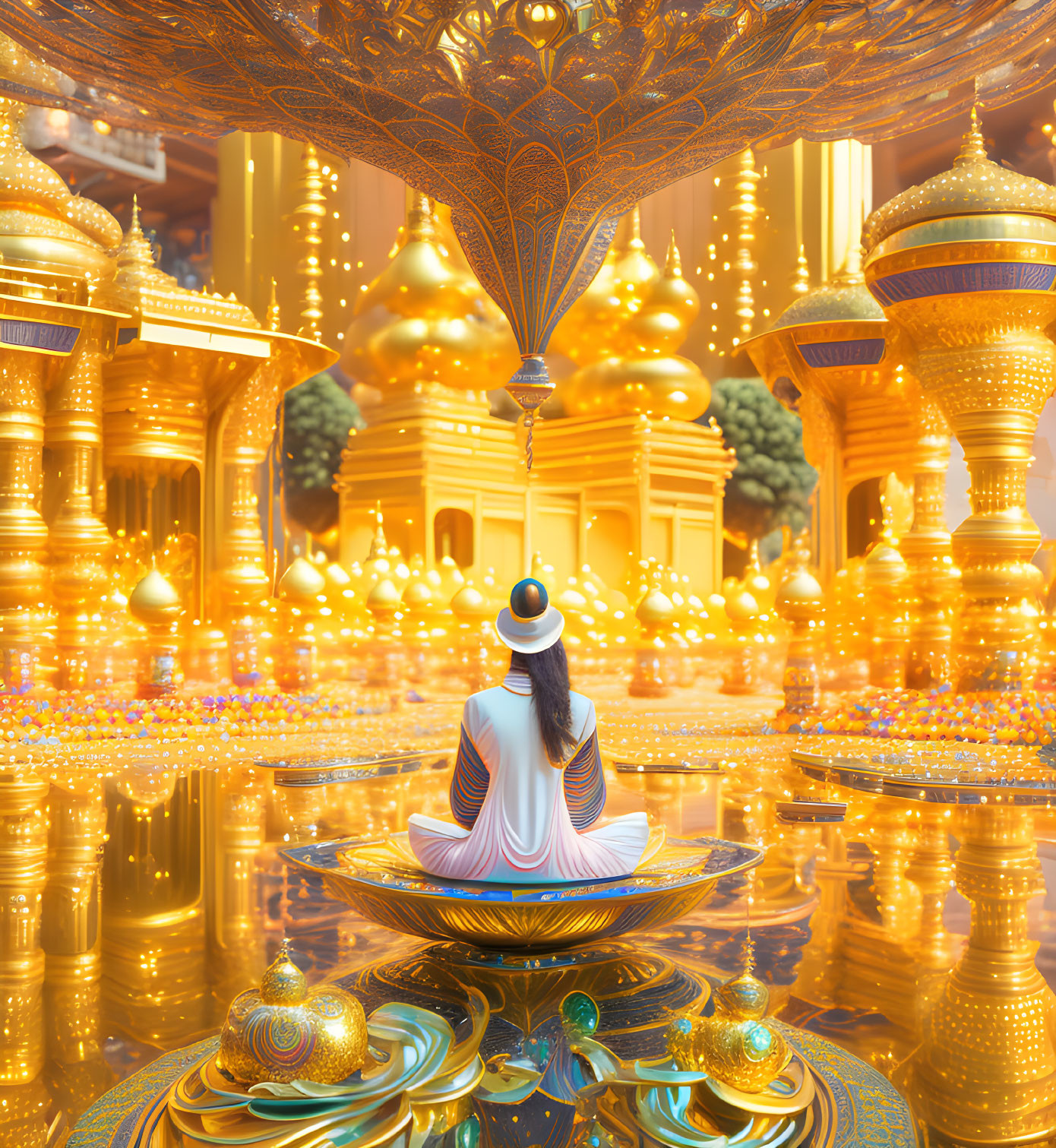 Person meditating in golden fantasy temple with intricate patterns