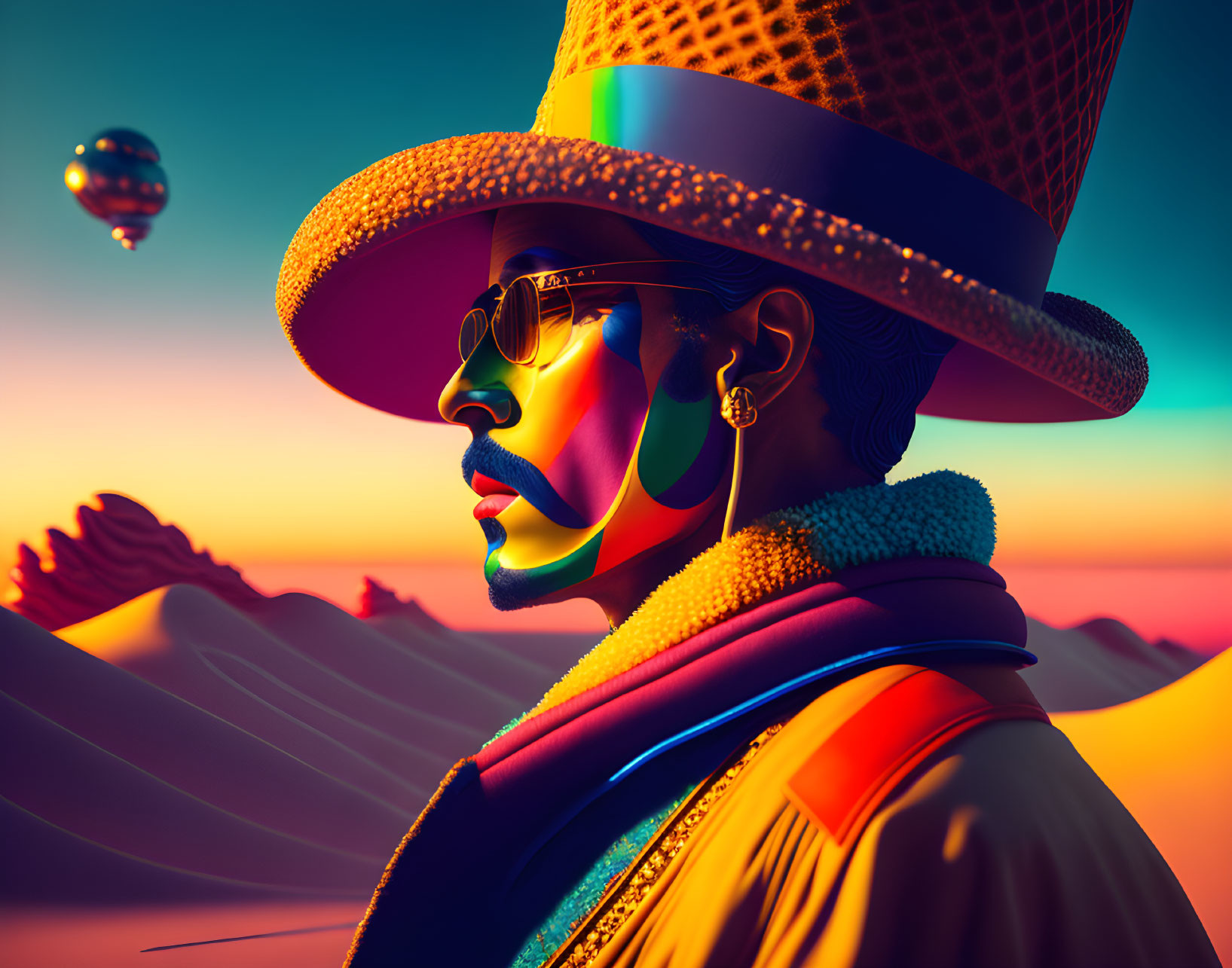 Vibrant digital artwork of person in sunglasses and hat in desert sunset