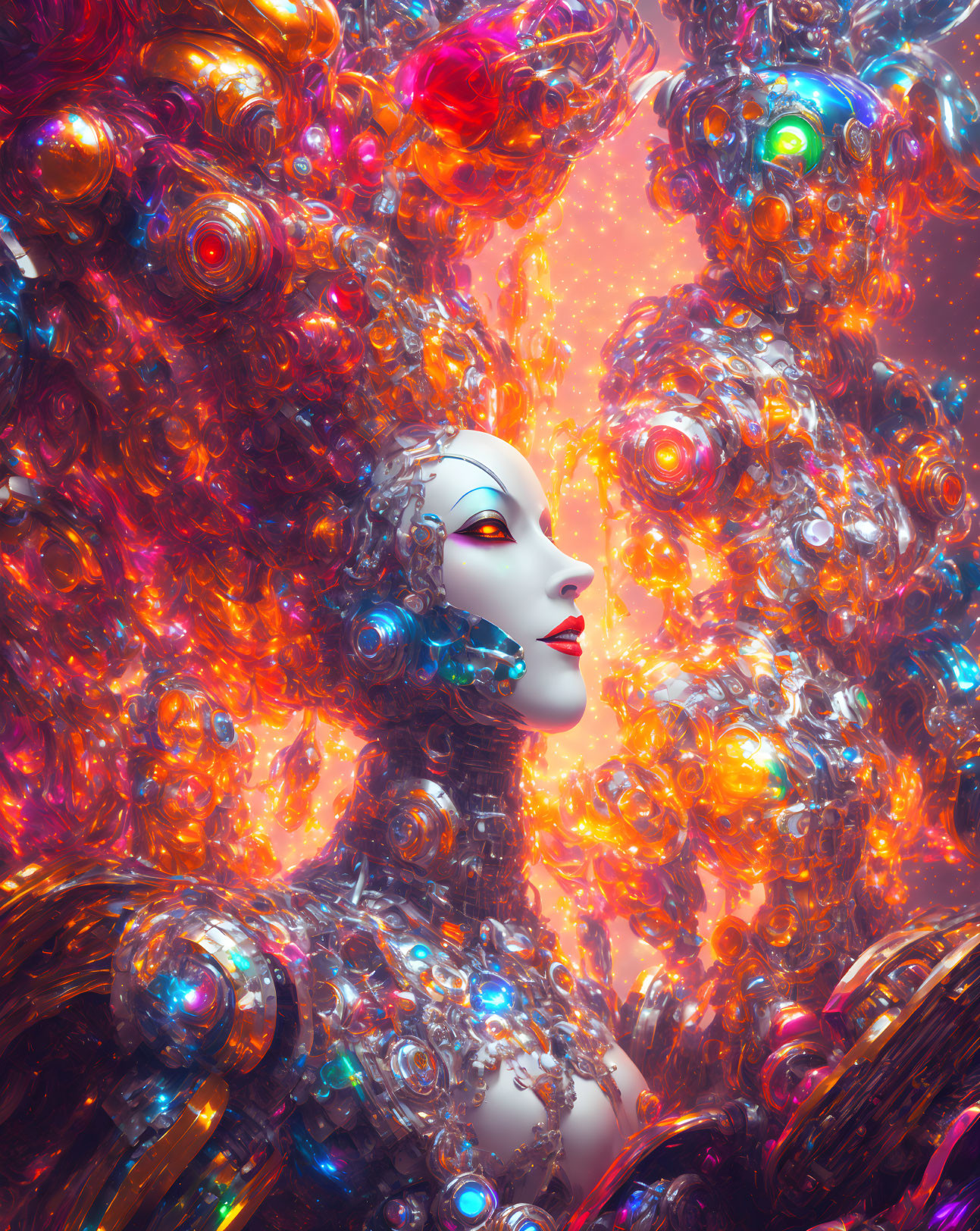 Colorful orbs surround serene humanoid figure in digital art.