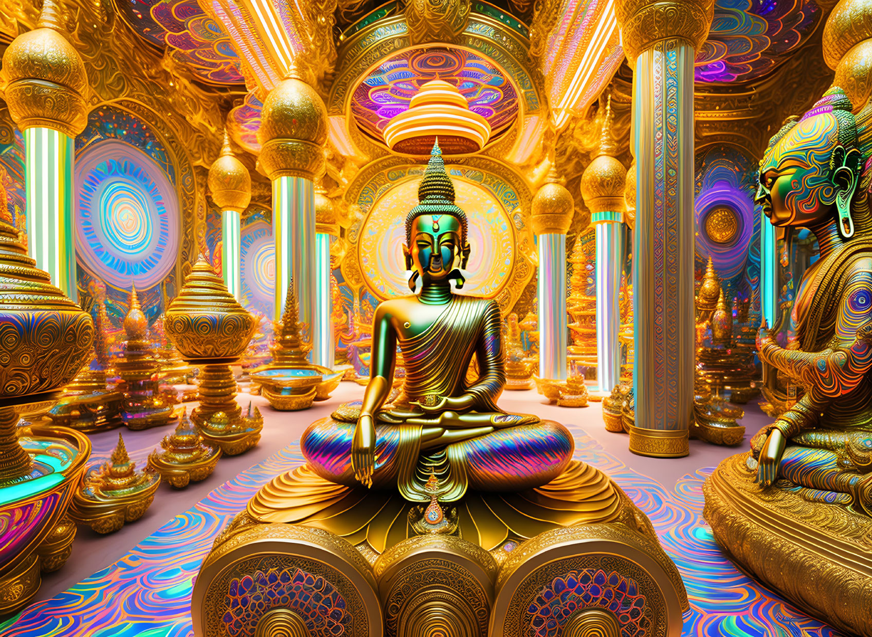 Golden Buddha statue meditating in vibrant psychedelic setting