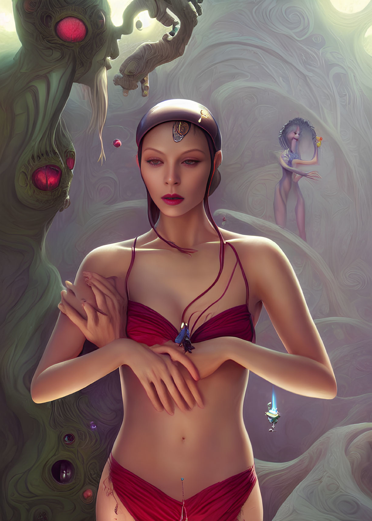 Fantastical digital illustration of female figure in unique headwear and red attire against mystical backdrop with another