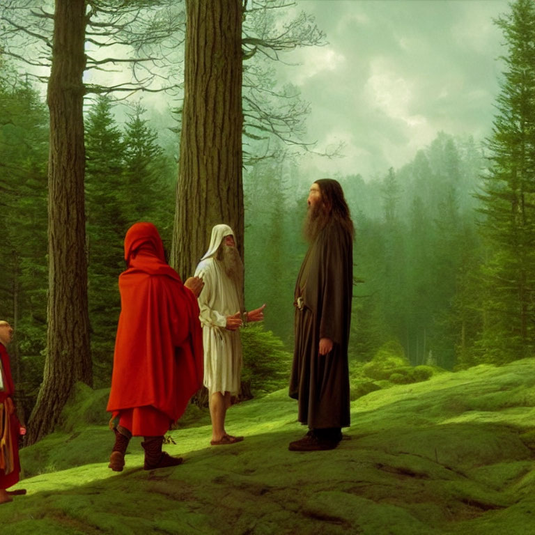 Three individuals in colored cloaks converse in sunlit forest clearing