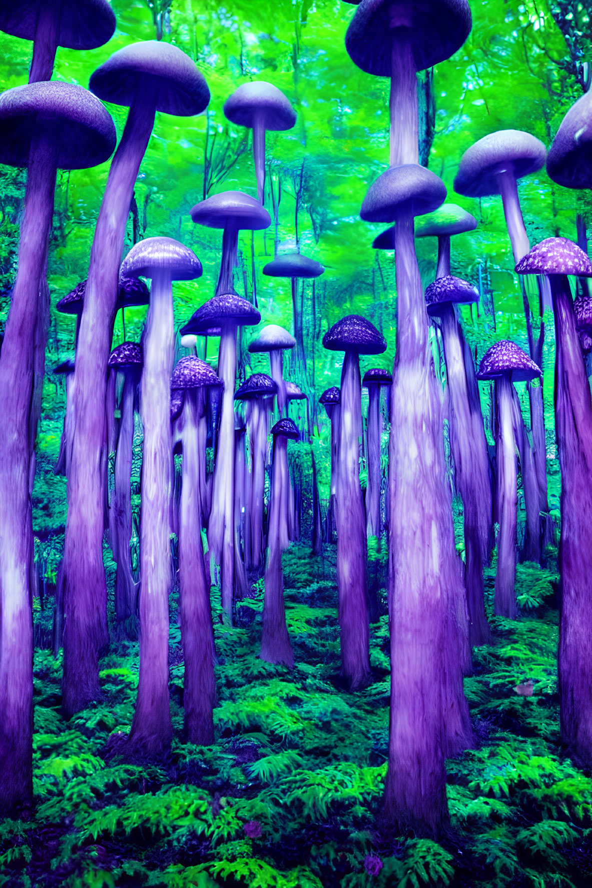 Luminous Green Canopy with Oversized Purple Mushrooms