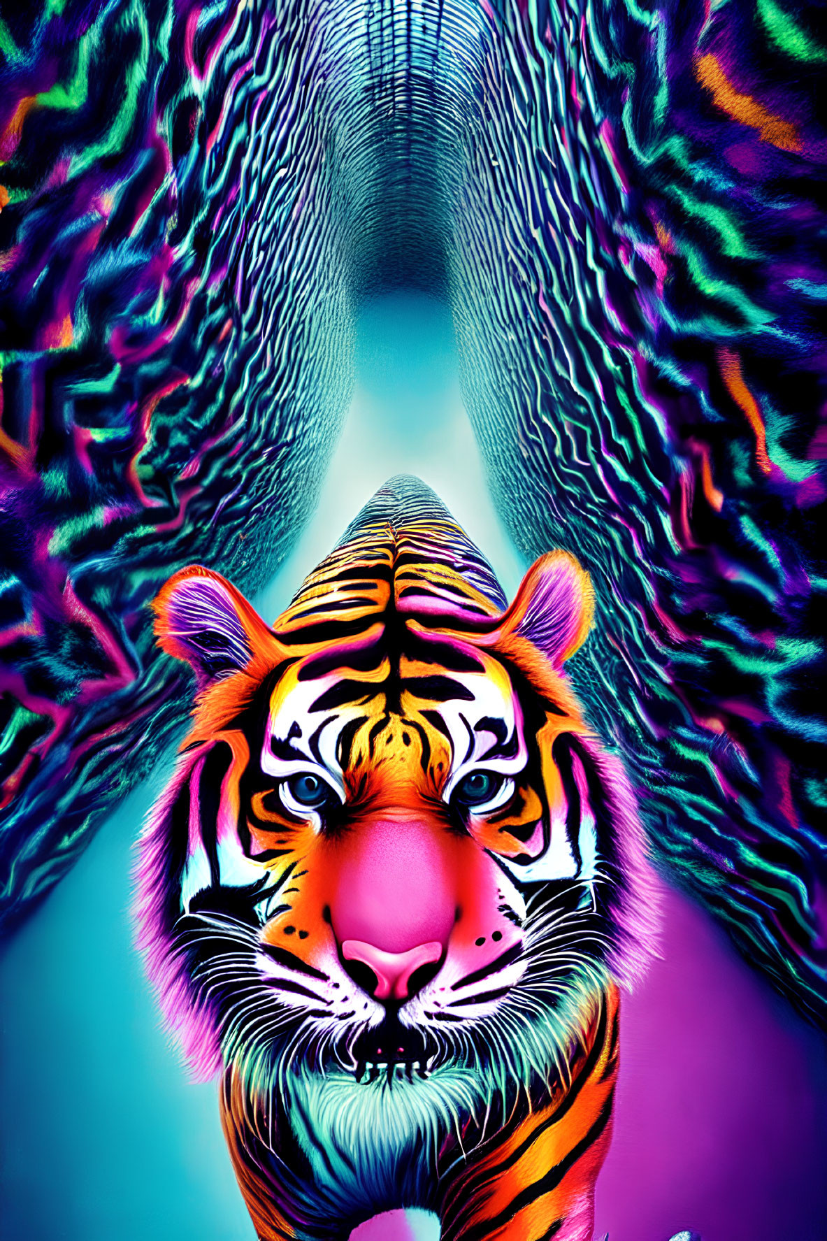 Symmetrical tiger face with colorful, psychedelic stripes