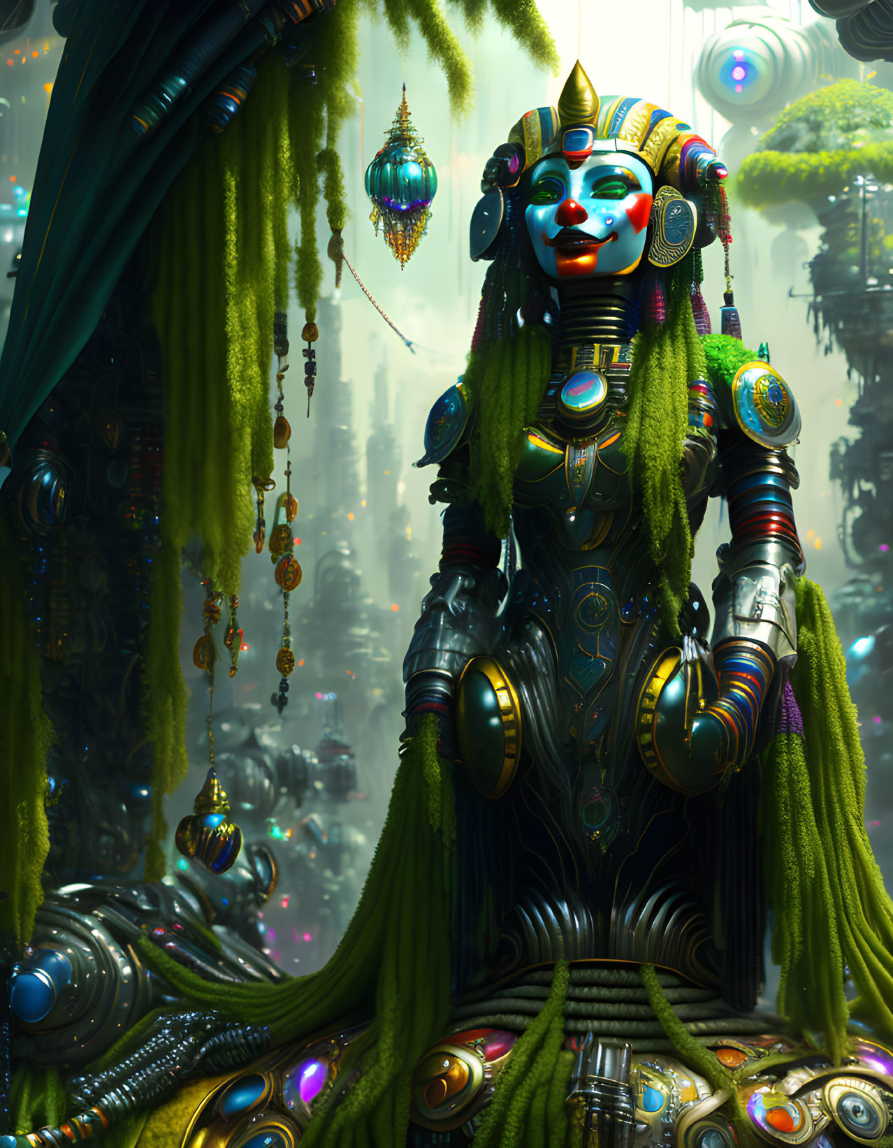 Colorful Robotic Figure with Intricate Patterns in Lush Greenery