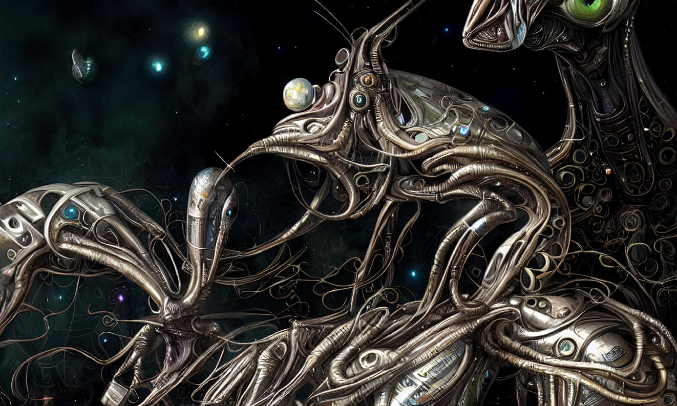 Surreal artwork of metallic biomechanical structures with tentacle-like forms and orbs in cosmic setting