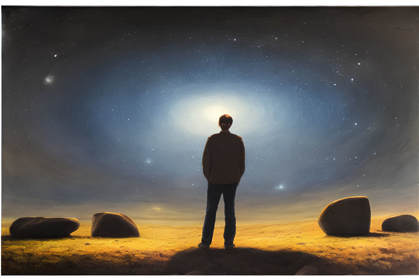 Person Contemplating Celestial Spiral in Twilight Landscape