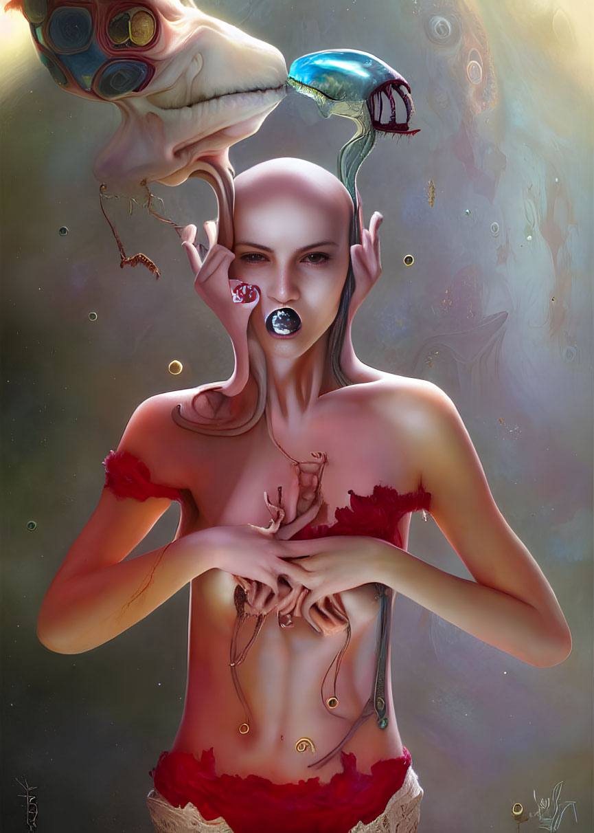 Surreal bald humanoid figure with chest opening and emerging smaller figures, surrounded by fantastical creatures and