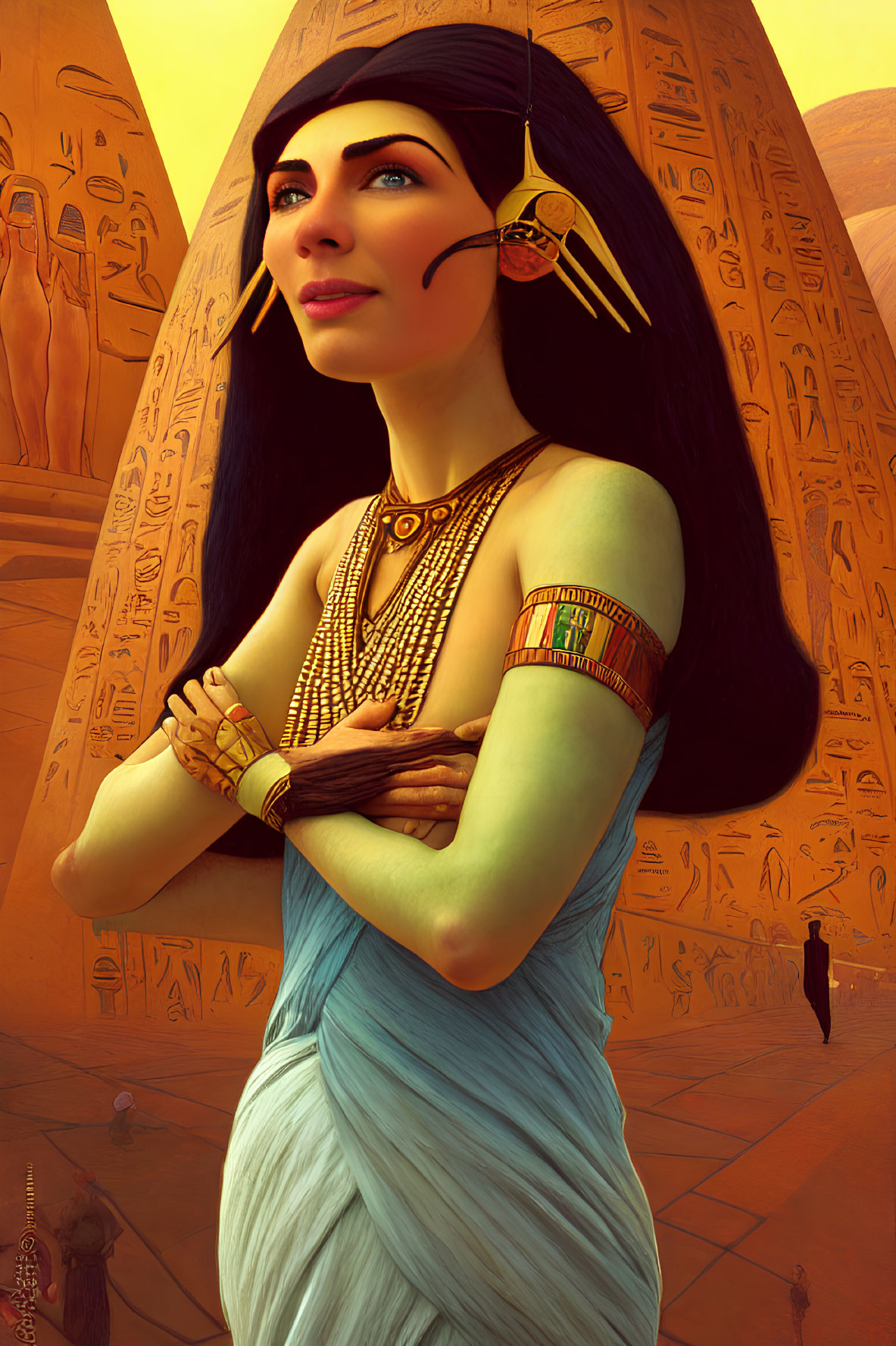 Ancient Egyptian woman in regal attire by pyramids at sunset