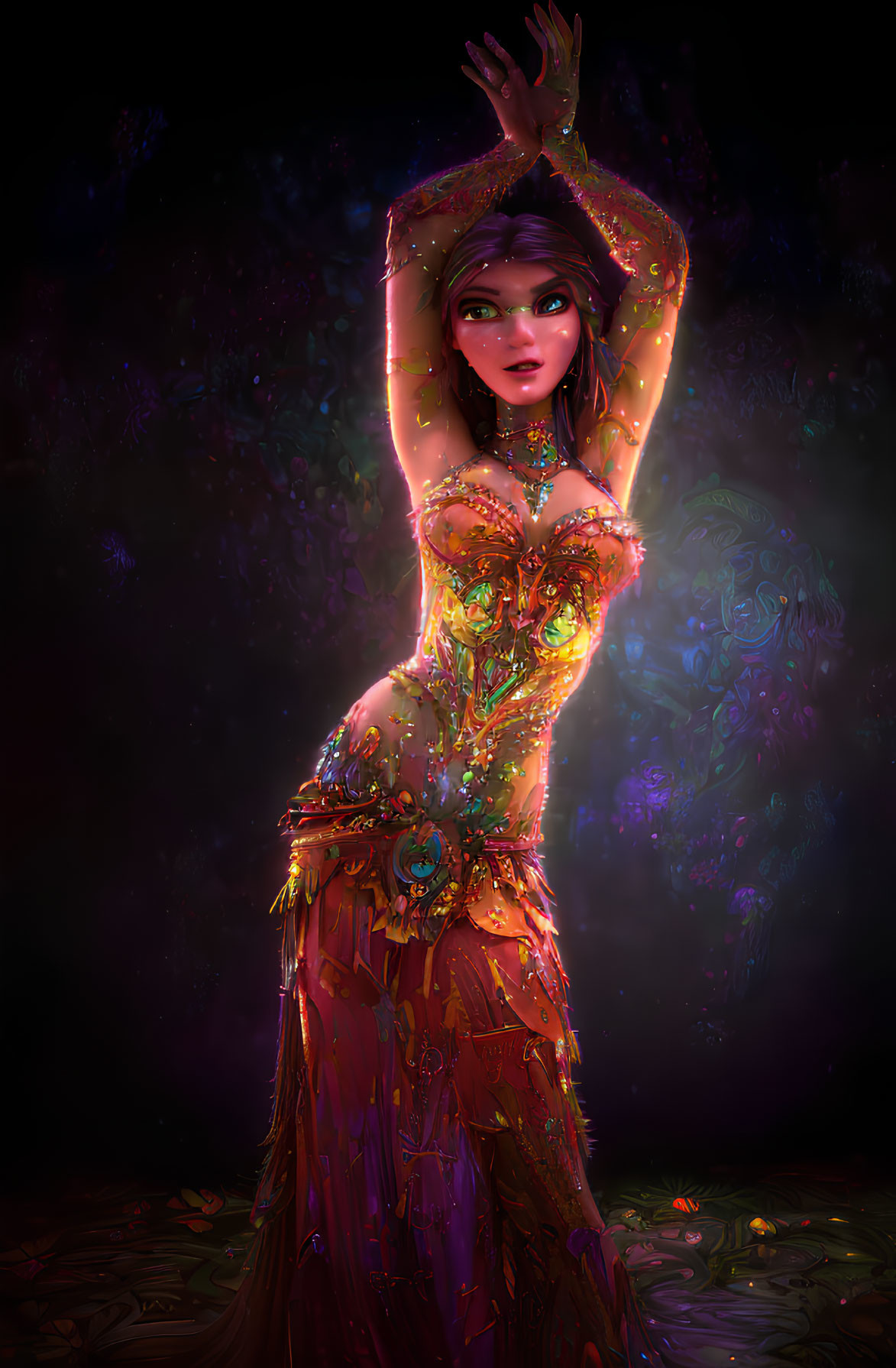 Ethereal woman dancing in colorful gown against dark floral backdrop