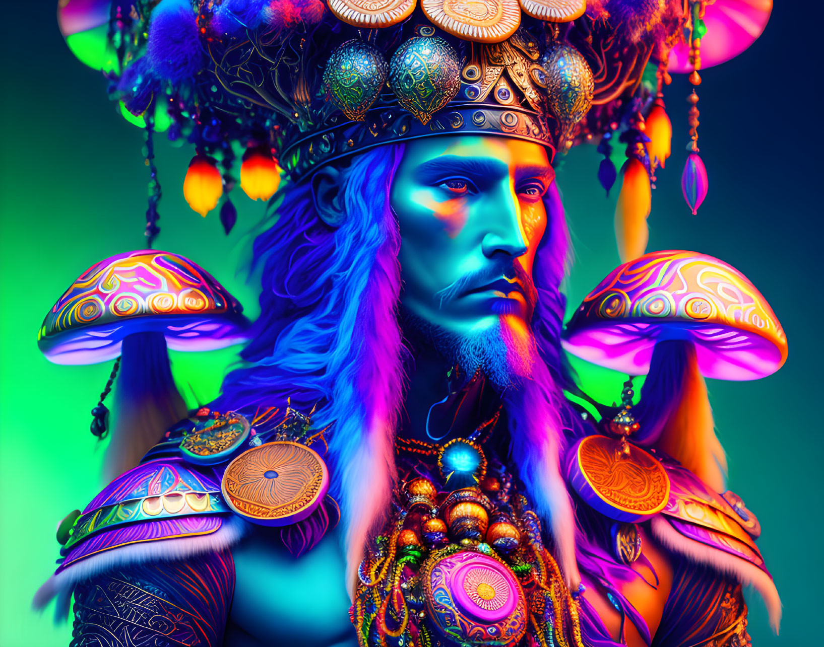 Colorful digital artwork of character with blue skin and crown among neon mushrooms.