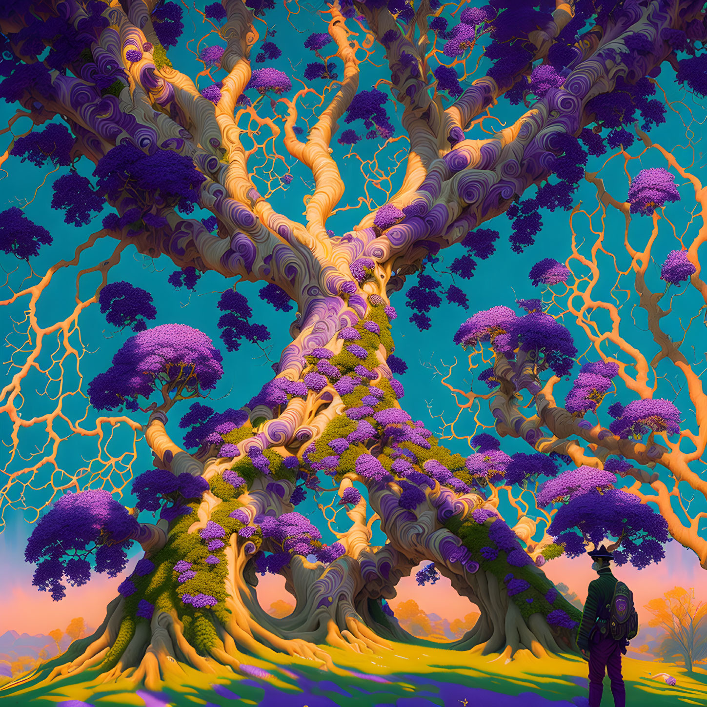 Vibrant purple foliage on a massive fantastical tree under surreal sky