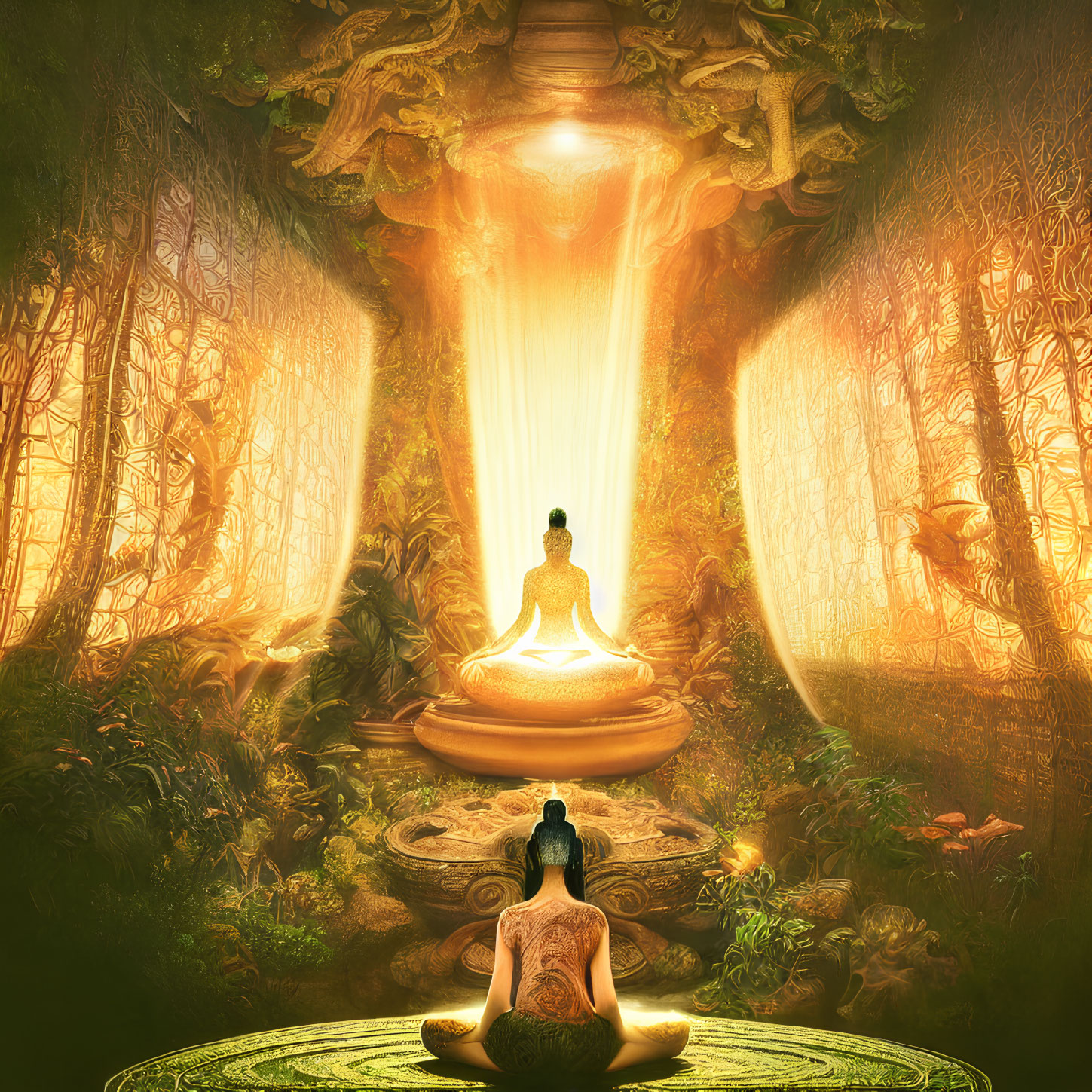 Person meditates in mystical forest with light beams on Buddha statue