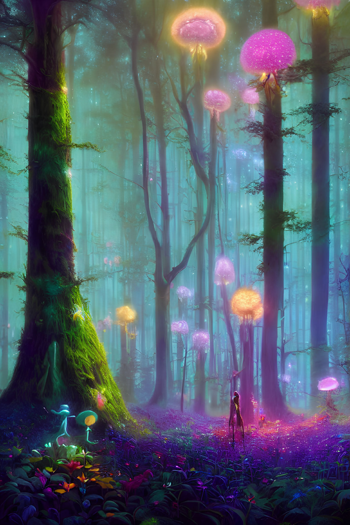 Enchanted forest with glowing jellyfish-like creatures and vibrant flora